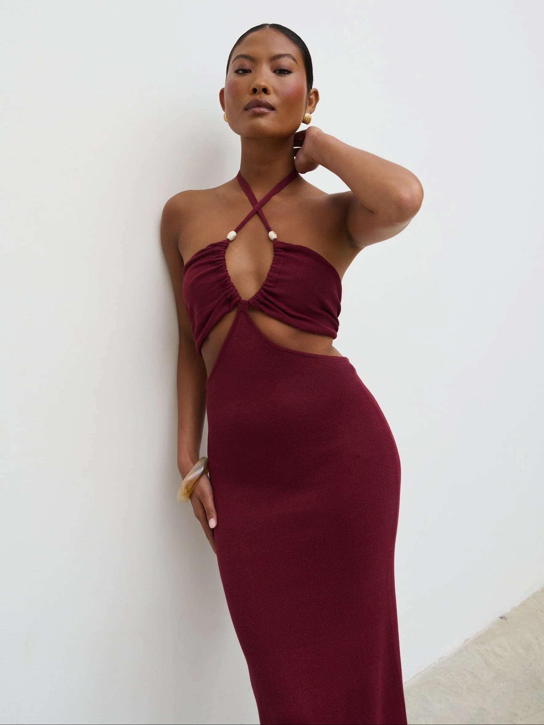 Candice Halterneck Beaded Knit Maxi Dress - Wine - Image 5