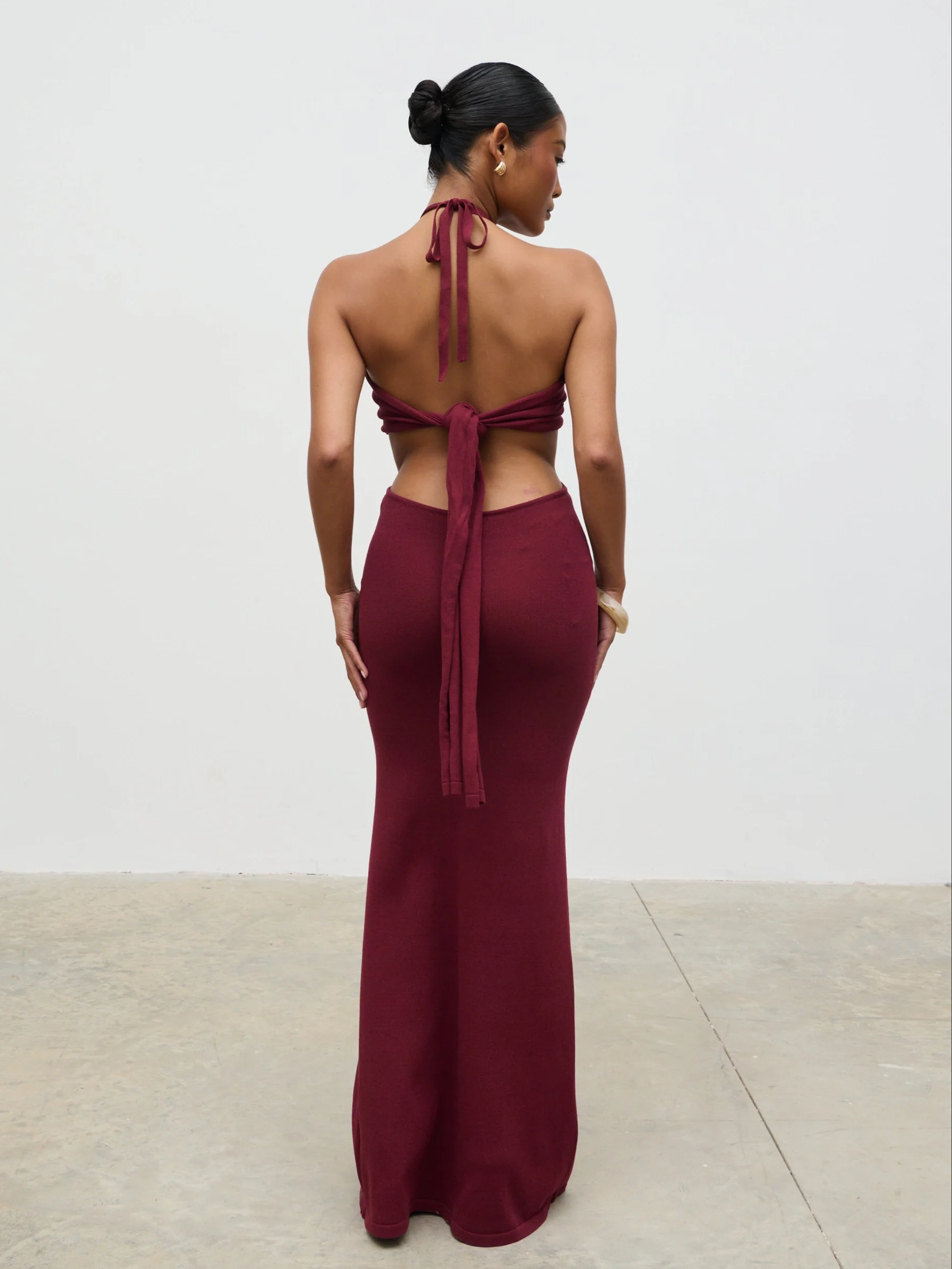 Candice Halterneck Beaded Knit Maxi Dress - Wine - Image 6