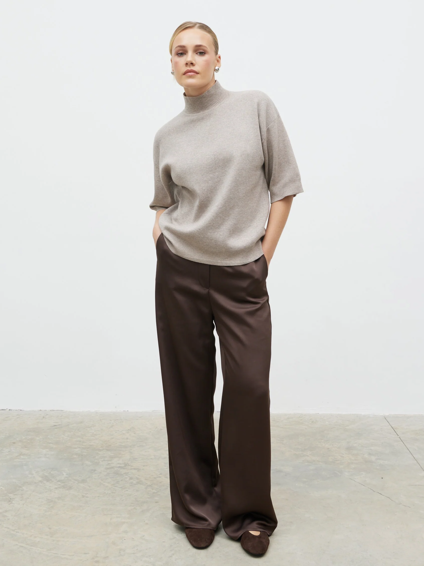 Carmel 3/4 Sleeve Grown Neck Knit Jumper - Beige - Image 3