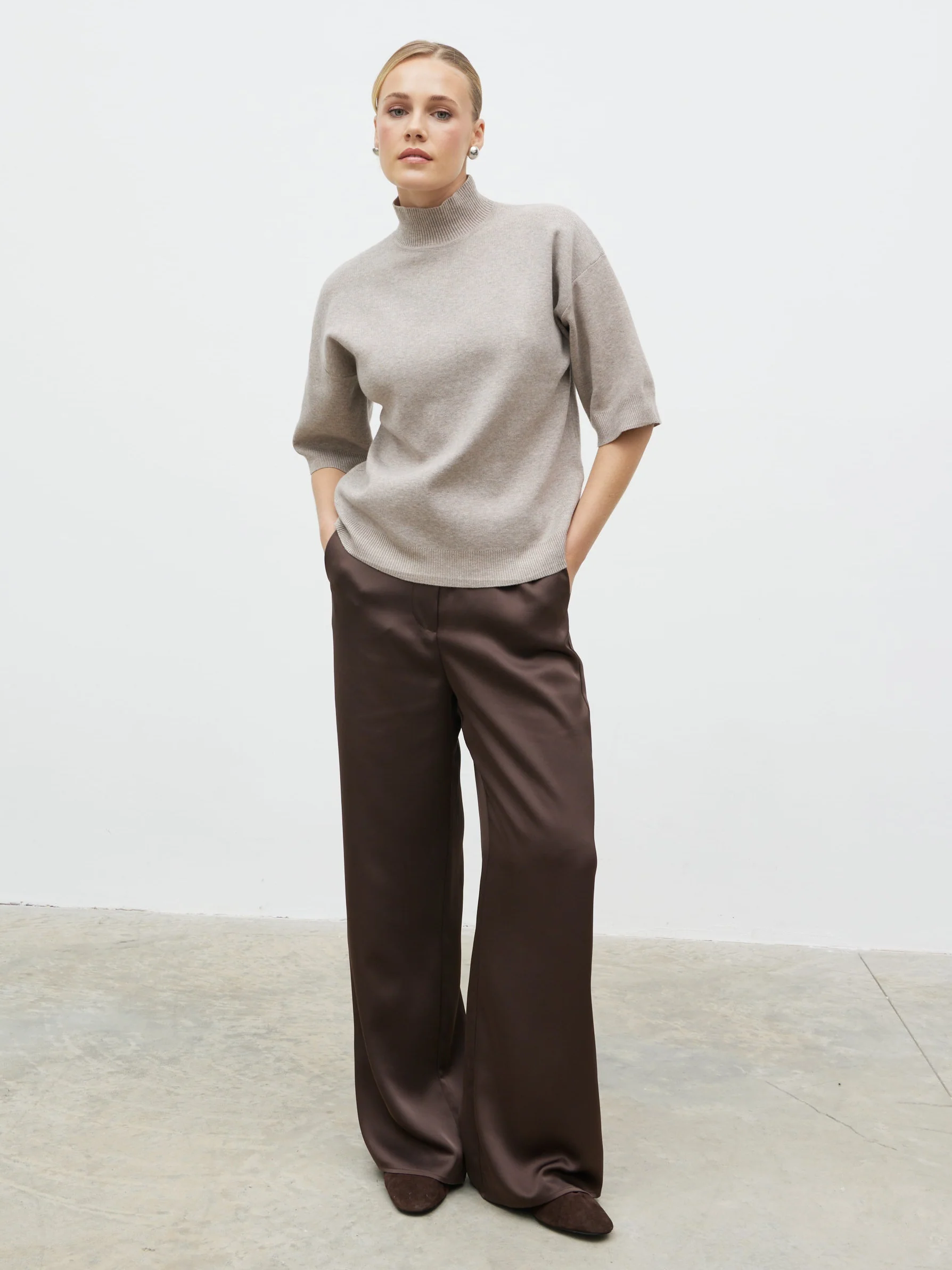 Carmel 3/4 Sleeve Grown Neck Knit Jumper - Beige - Image 6