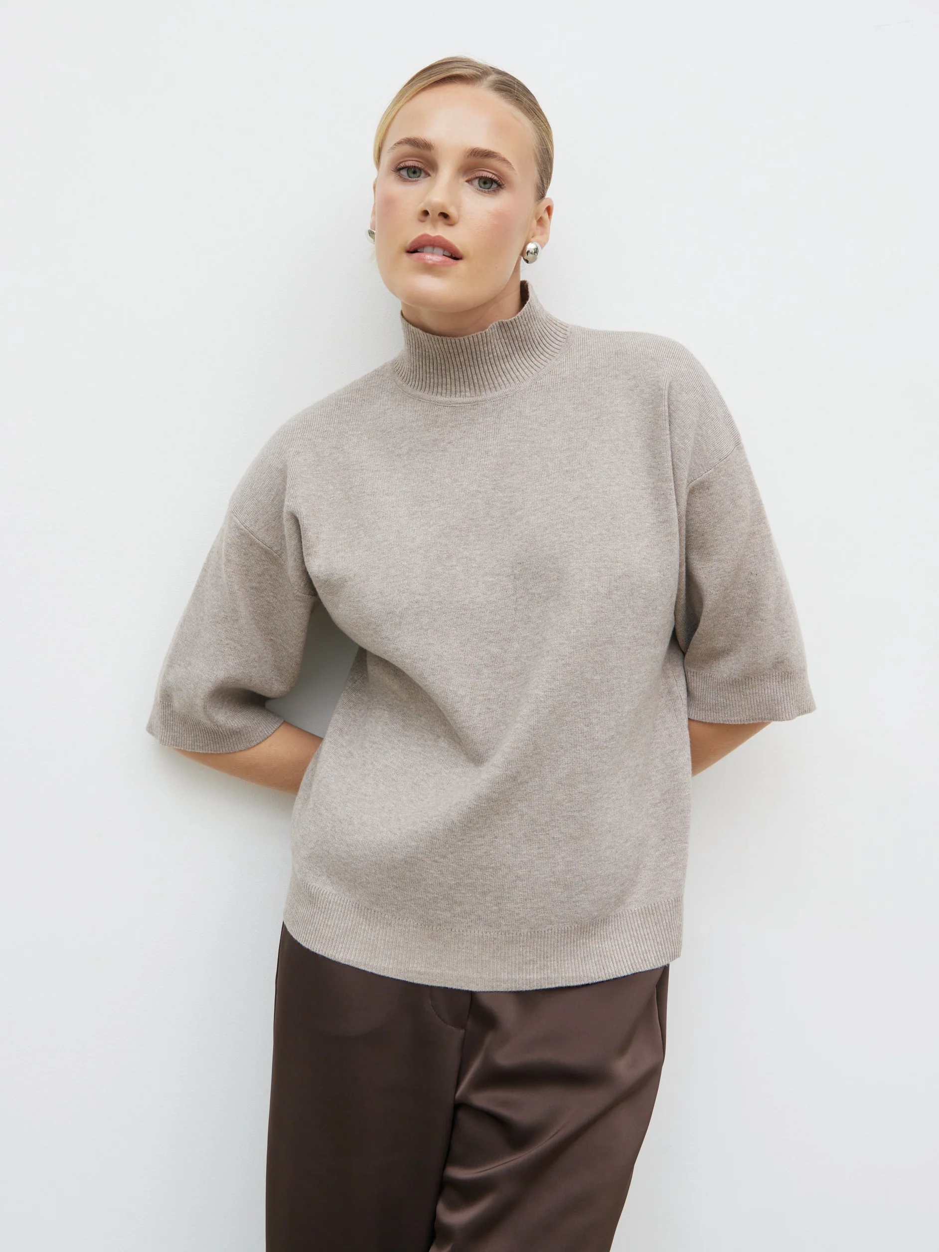 Carmel 3/4 Sleeve Grown Neck Knit Jumper - Beige - Image 7