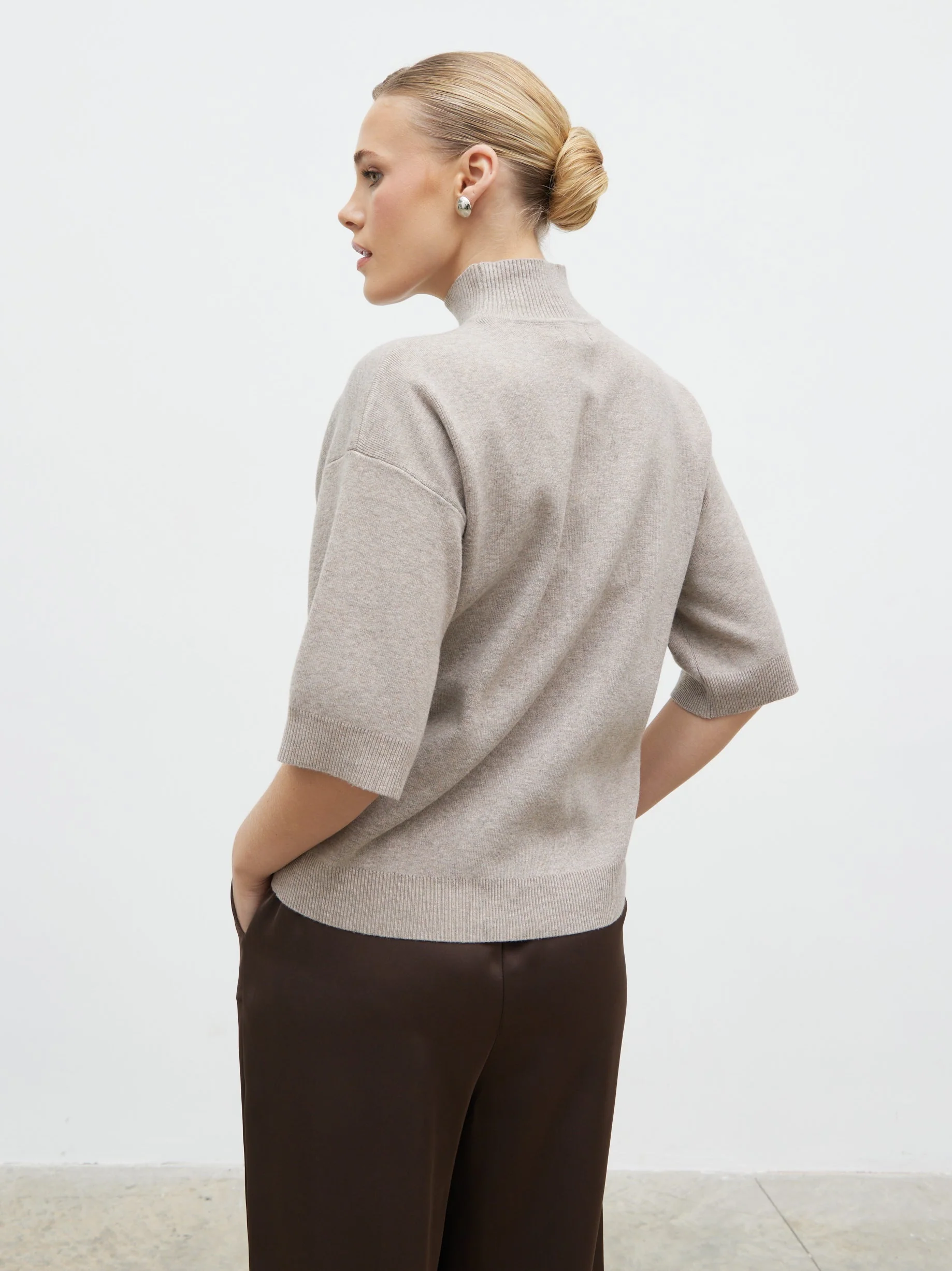 Carmel 3/4 Sleeve Grown Neck Knit Jumper - Beige - Image 8