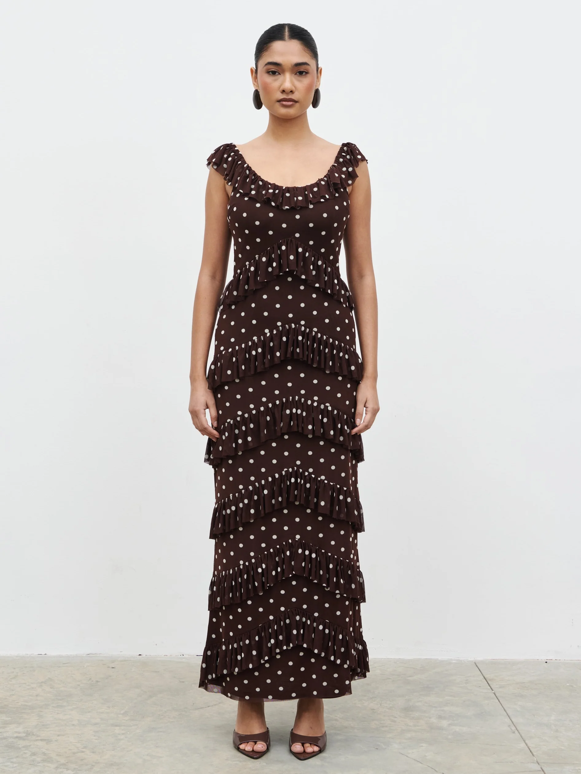 Cecile Ruffle Mesh Maxi Dress - Brown and Cream Polkadot - Image 2