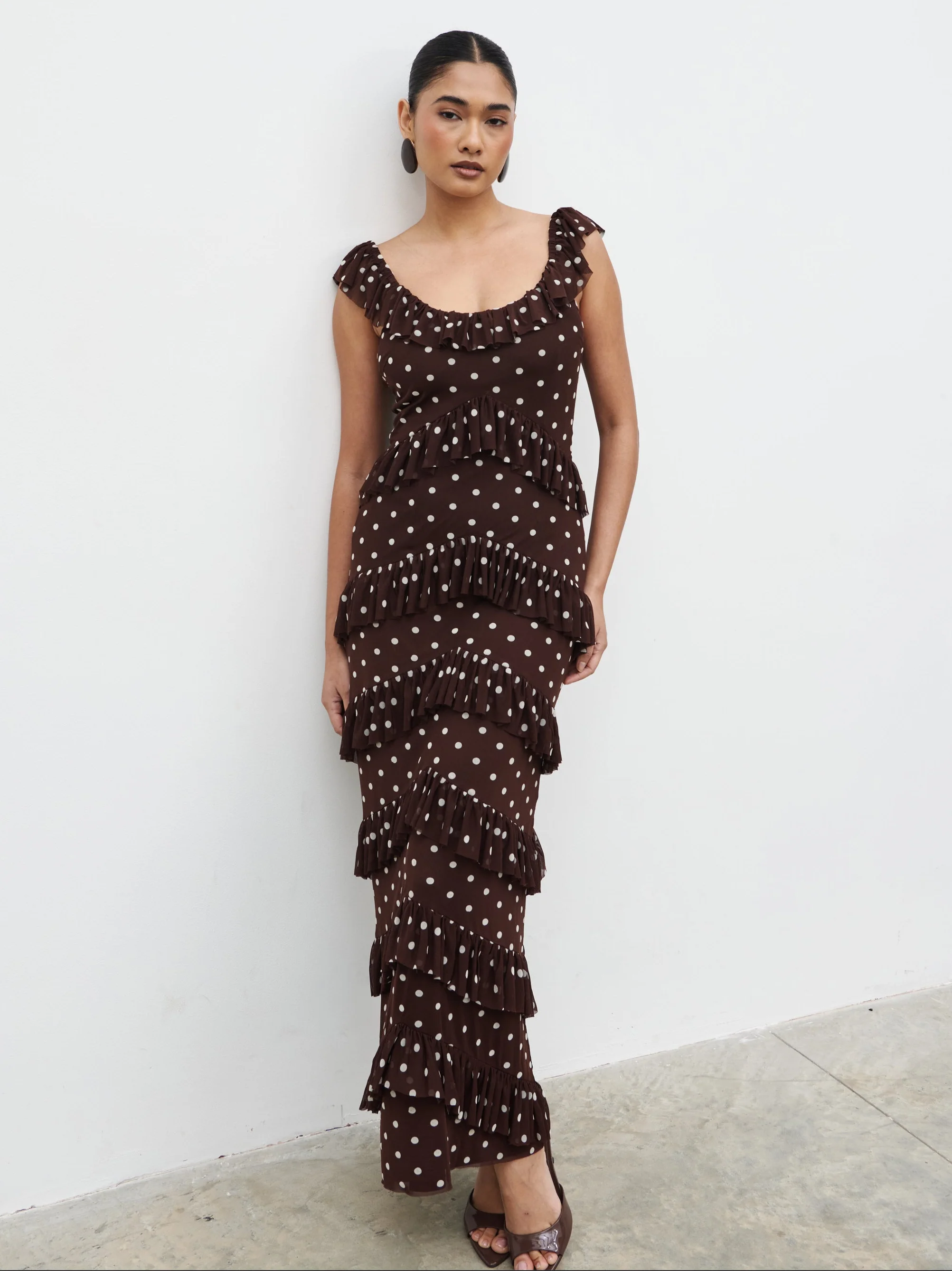 Cecile Ruffle Mesh Maxi Dress - Brown and Cream Polkadot - Image 3