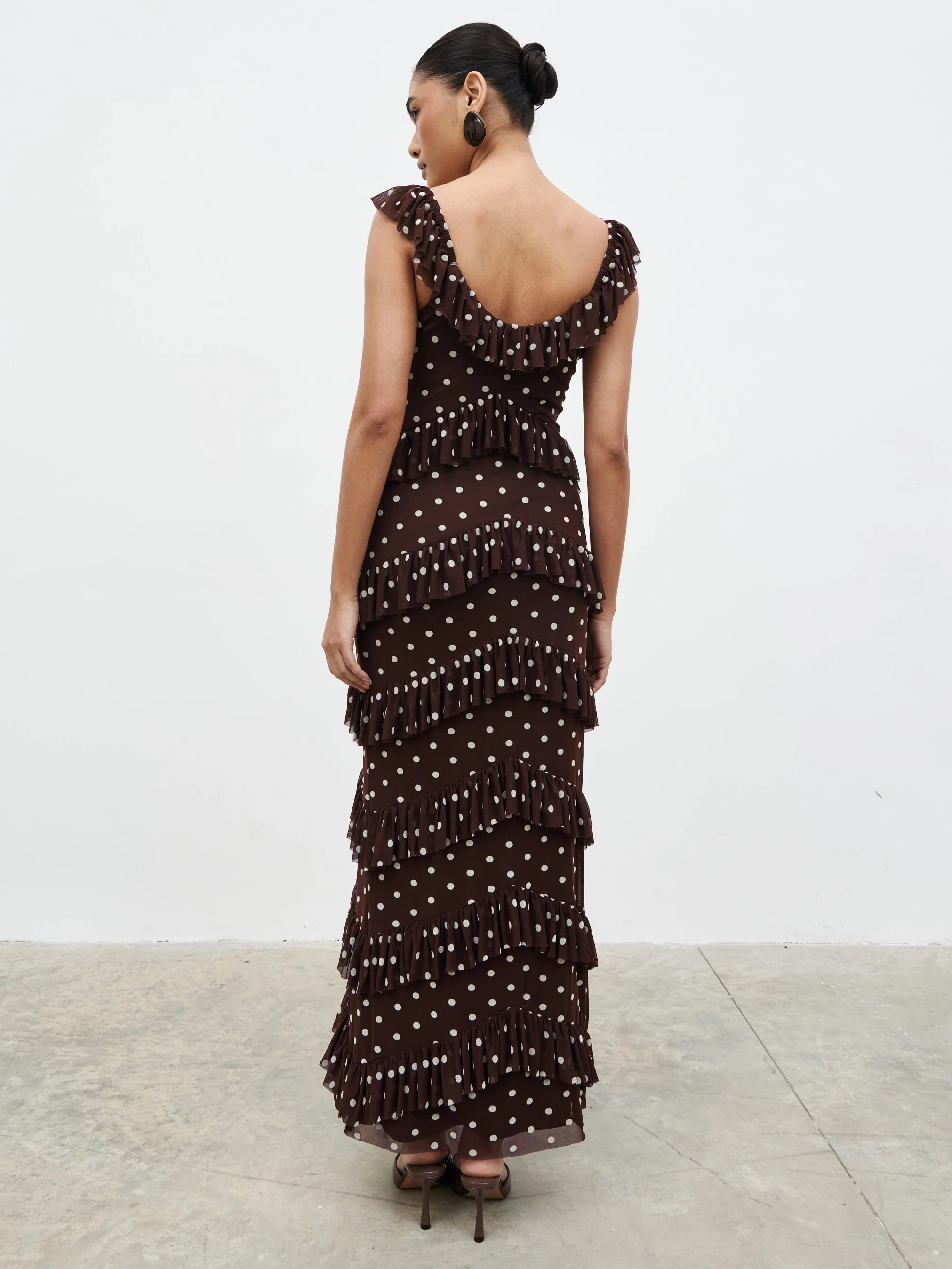 Cecile Ruffle Mesh Maxi Dress - Brown and Cream Polkadot - Image 4