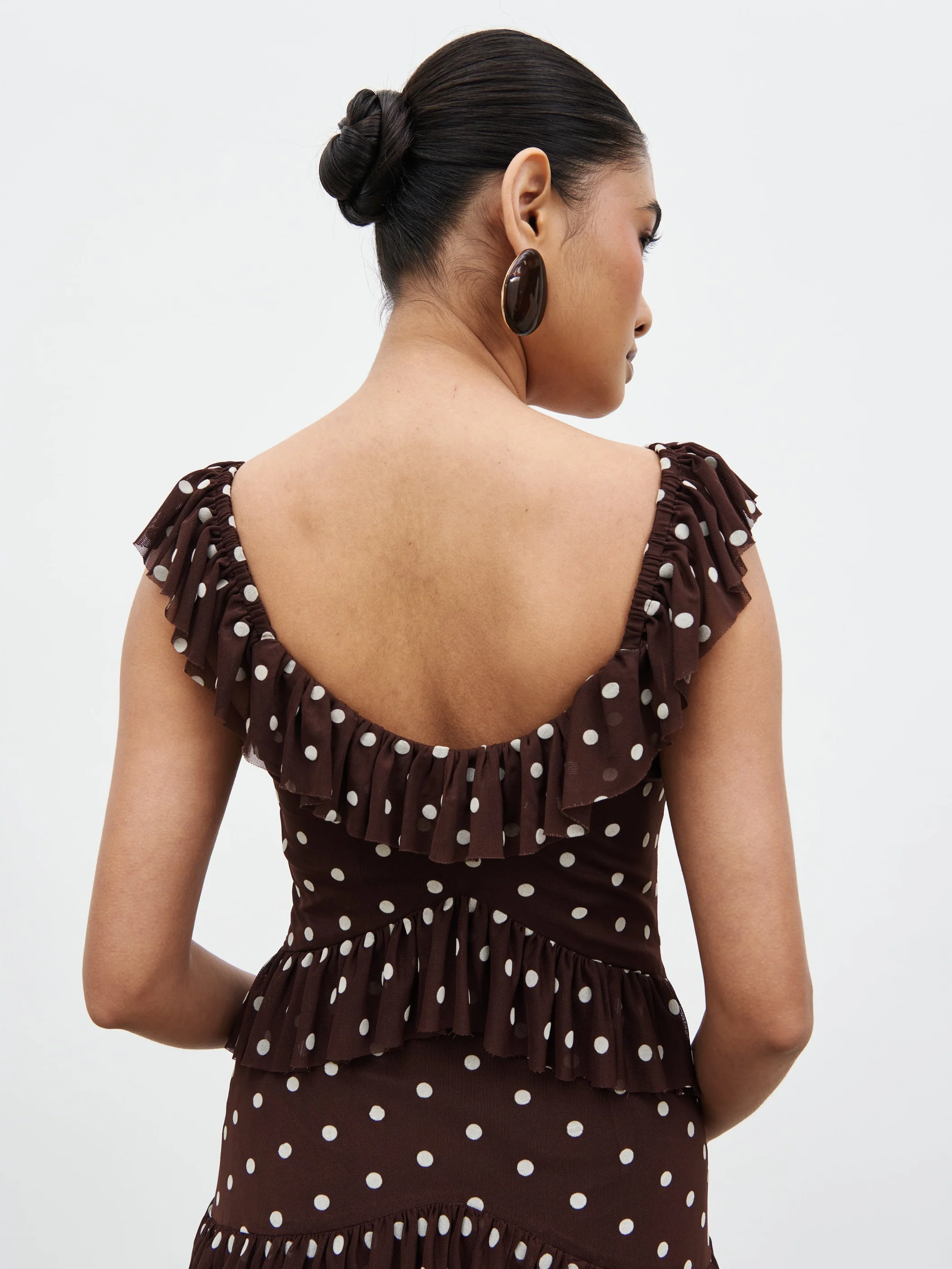 Cecile Ruffle Mesh Maxi Dress - Brown and Cream Polkadot - Image 5