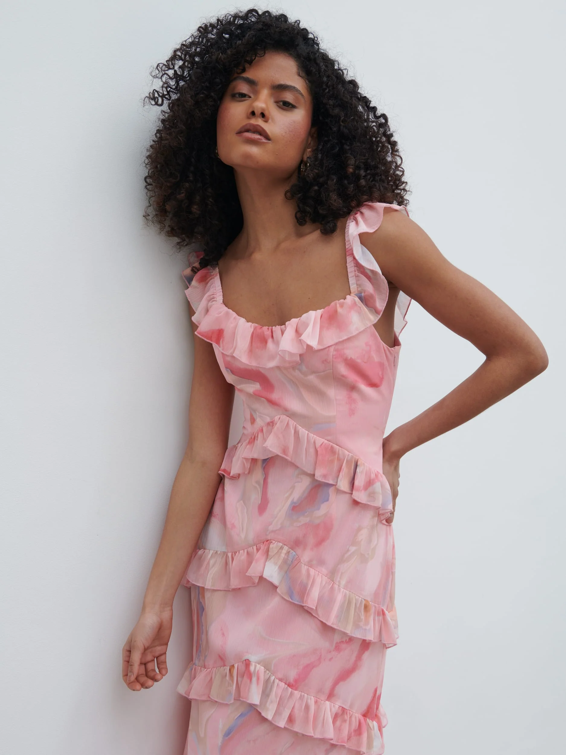 Cecile Scoop Neck Ruffle Maxi Dress - Pink Marble Ombre - Image 3
