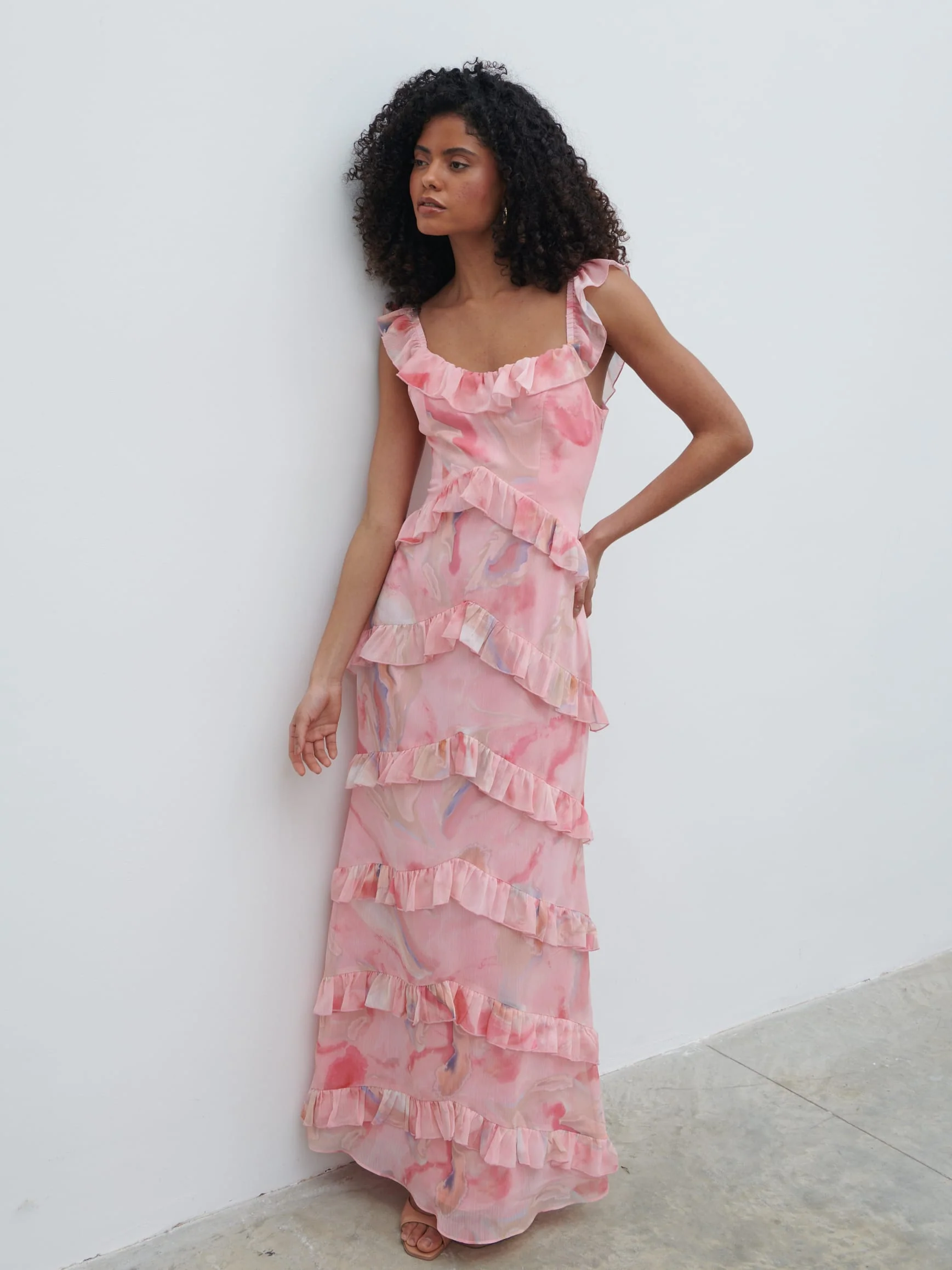 Cecile Scoop Neck Ruffle Maxi Dress - Pink Marble Ombre - Image 4