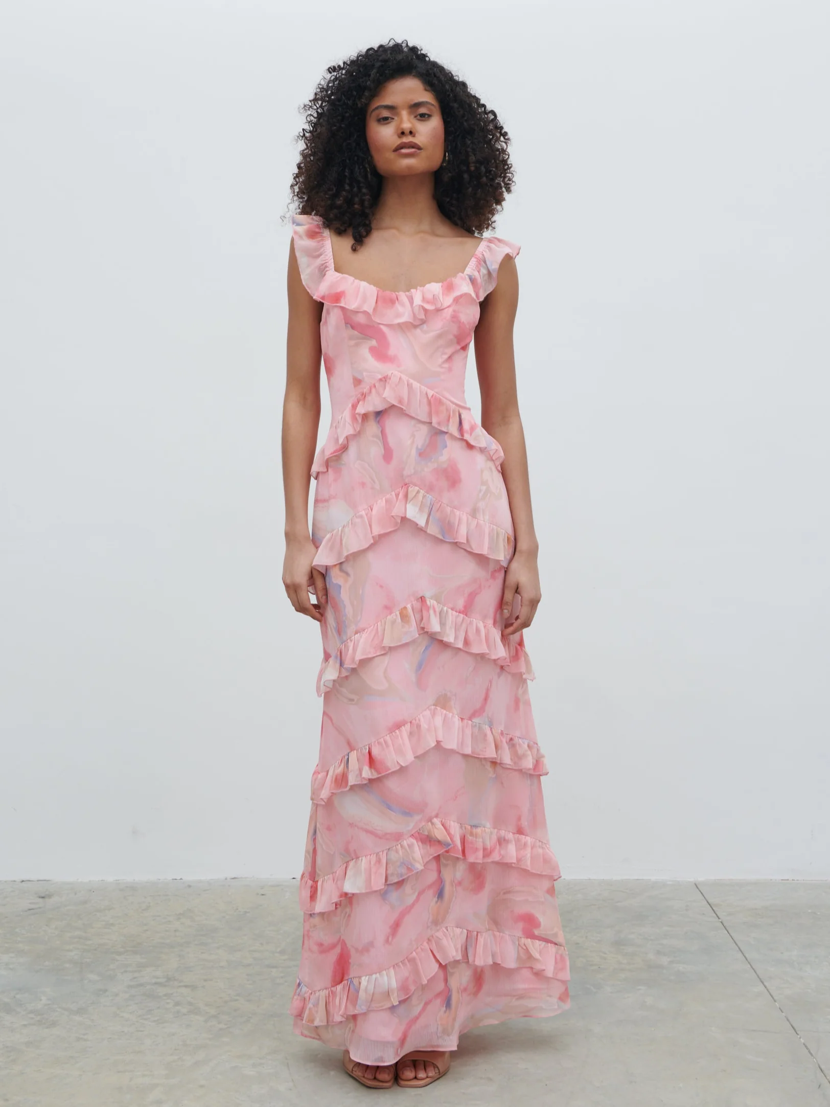 Cecile Scoop Neck Ruffle Maxi Dress - Pink Marble Ombre - Image 6
