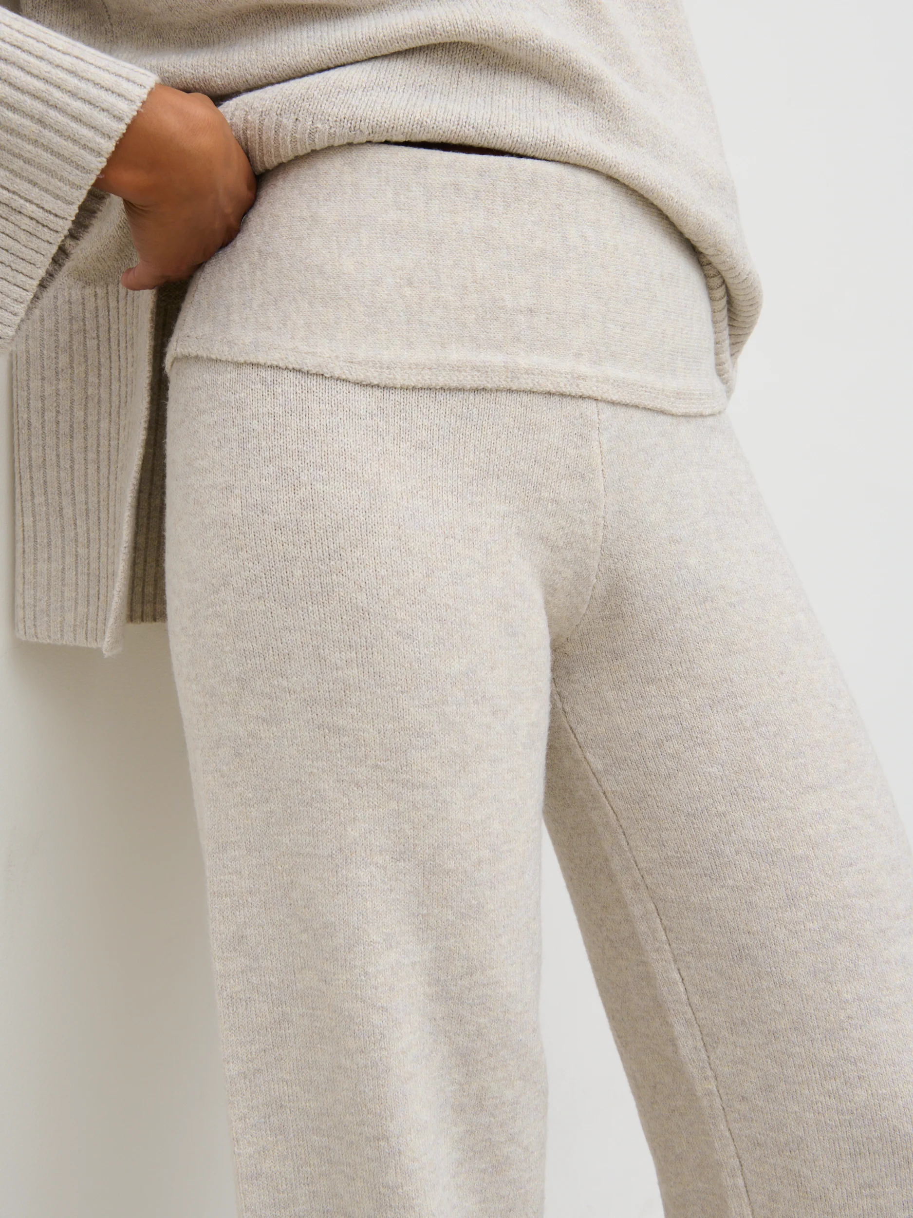 Chelsea Knit Trousers with Folded Waistband - Beige - Image 2