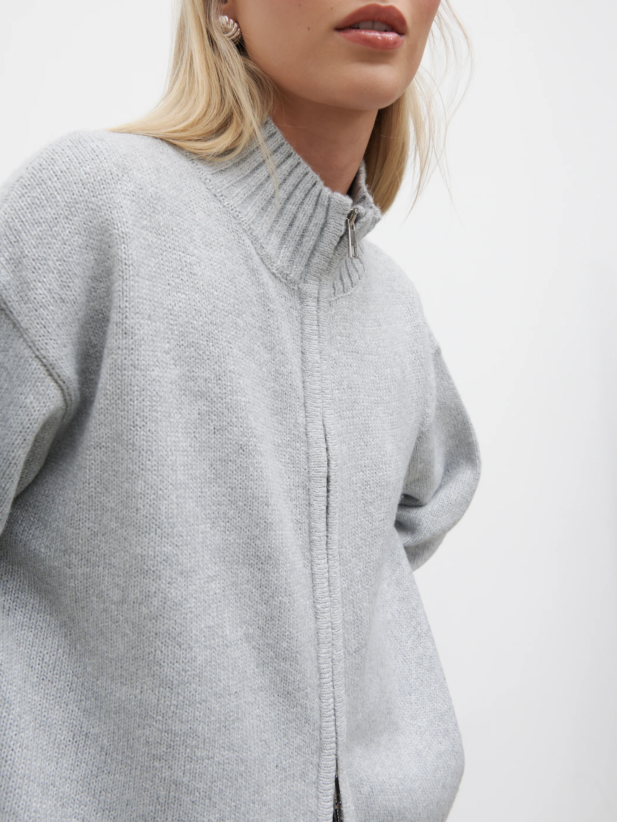 Claudia Double Ended Zip Knit Cardigan - Light Grey - Image 3