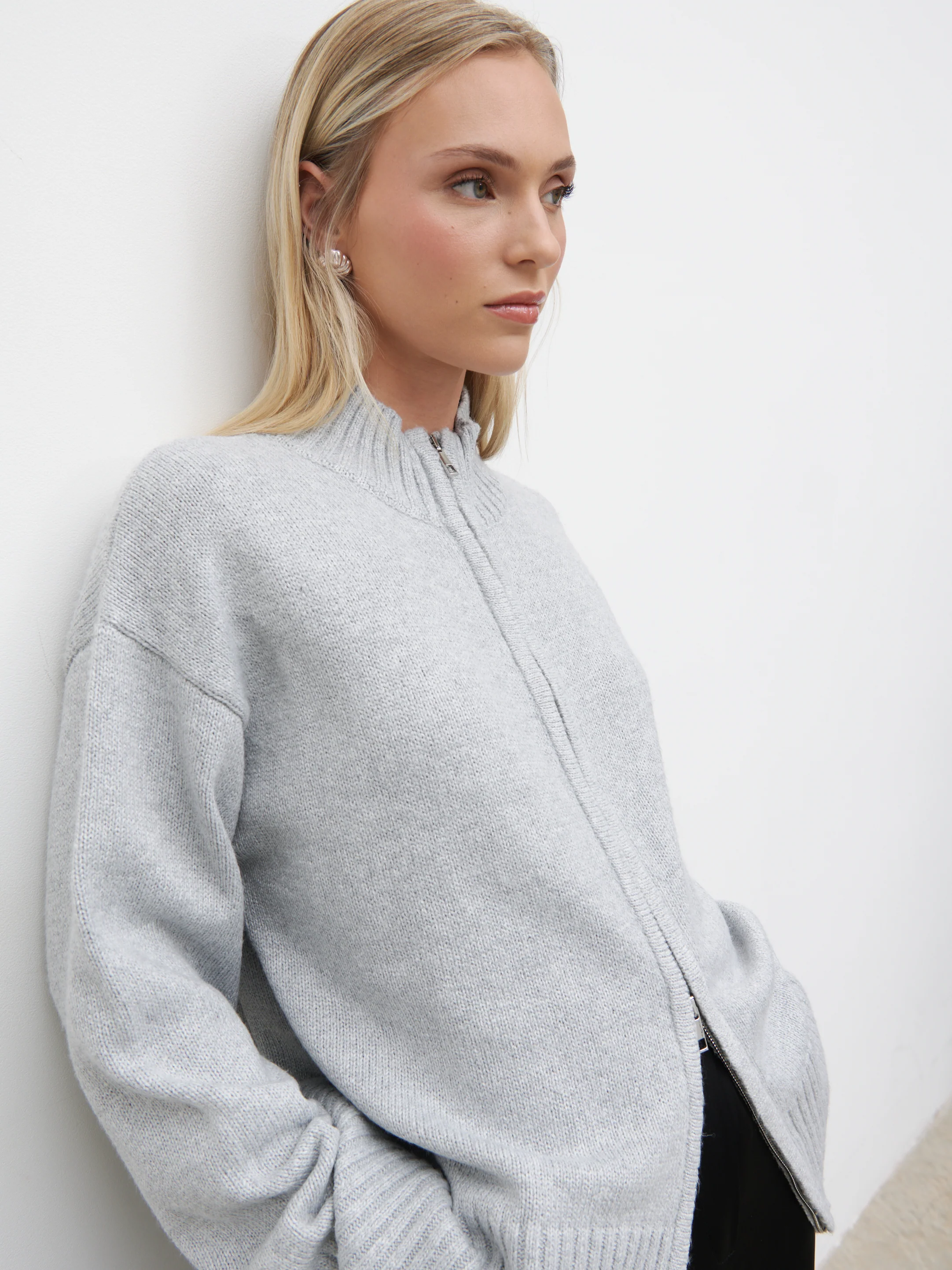 Claudia Double Ended Zip Knit Cardigan - Light Grey - Image 5