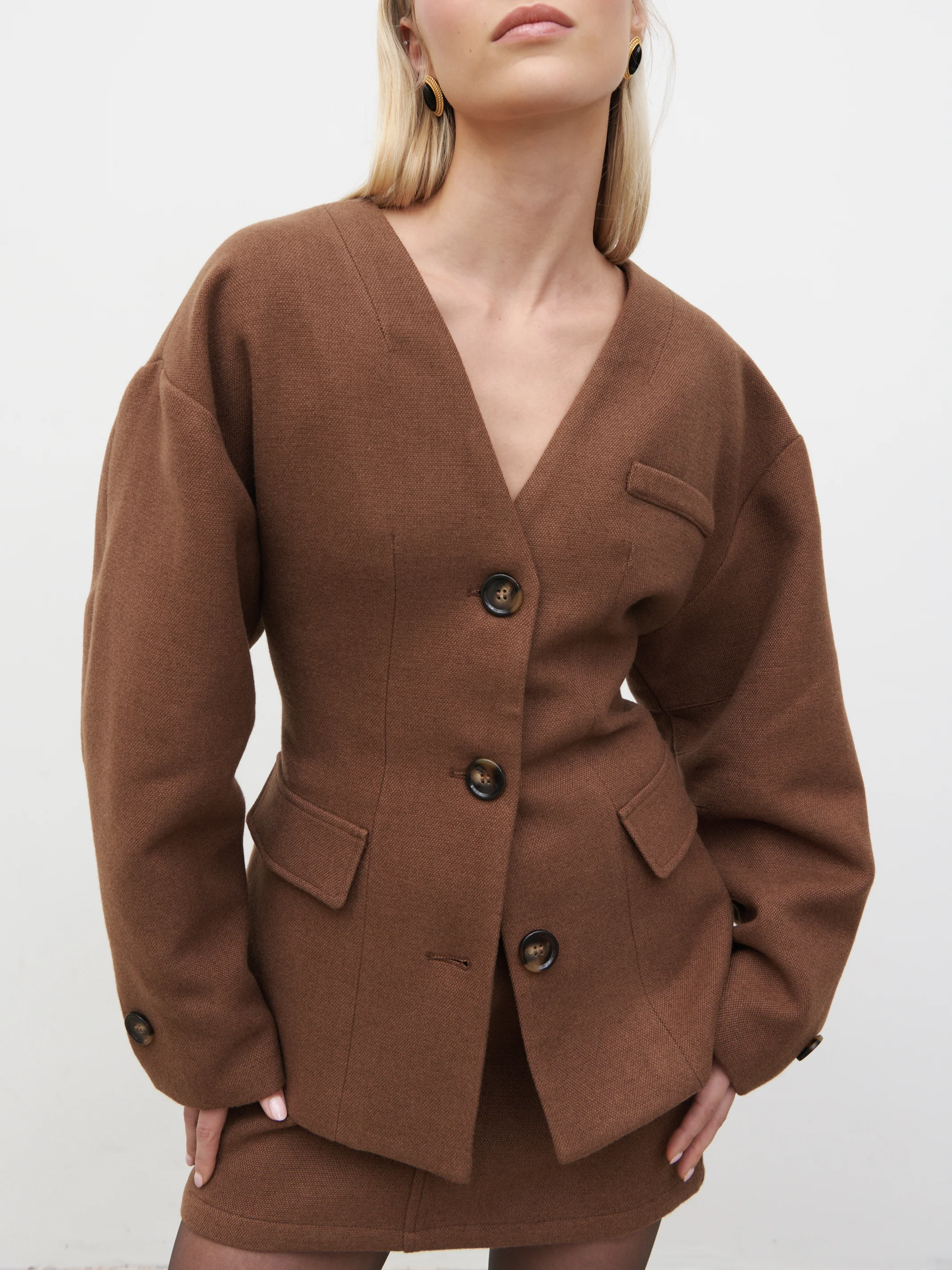 Colby Collarless Jacket - Brown - Image 6