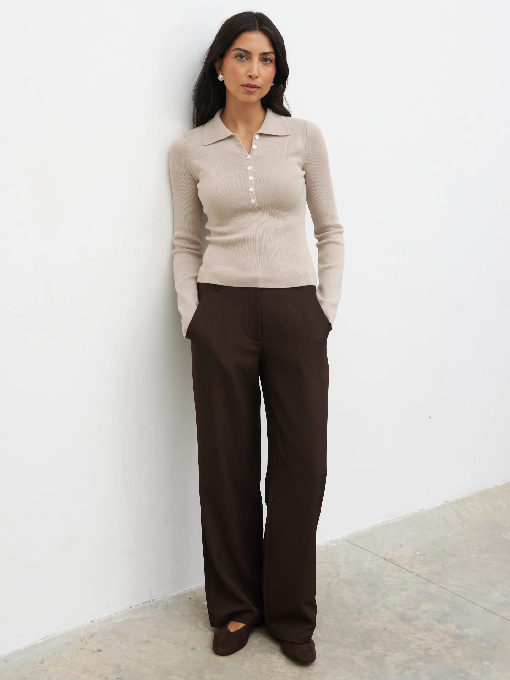 Colson Tailored Wide Leg Trousers - Chocolate - Image 4