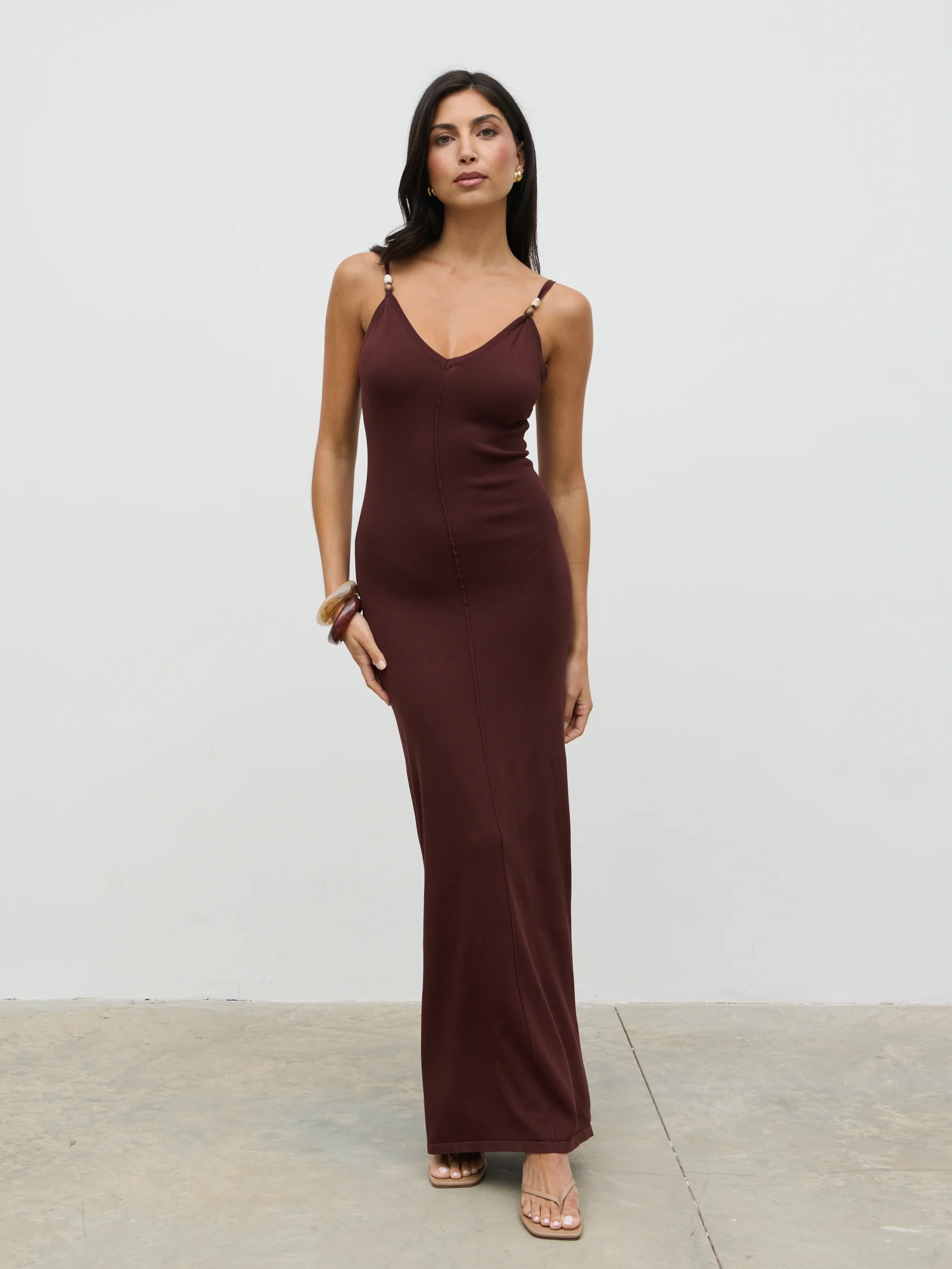 Connie Beaded V Neck Knit Maxi Dress - Brown - Image 3