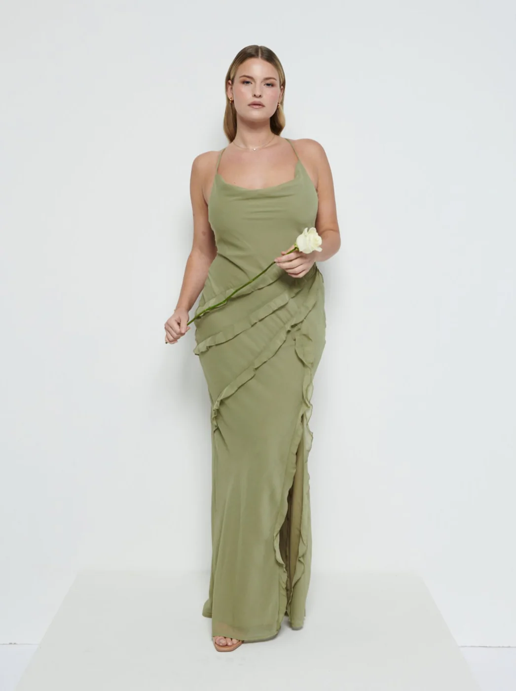 Constance Ruffle Chiffon Maxi Bridesmaid Dress - Olive - Image 4