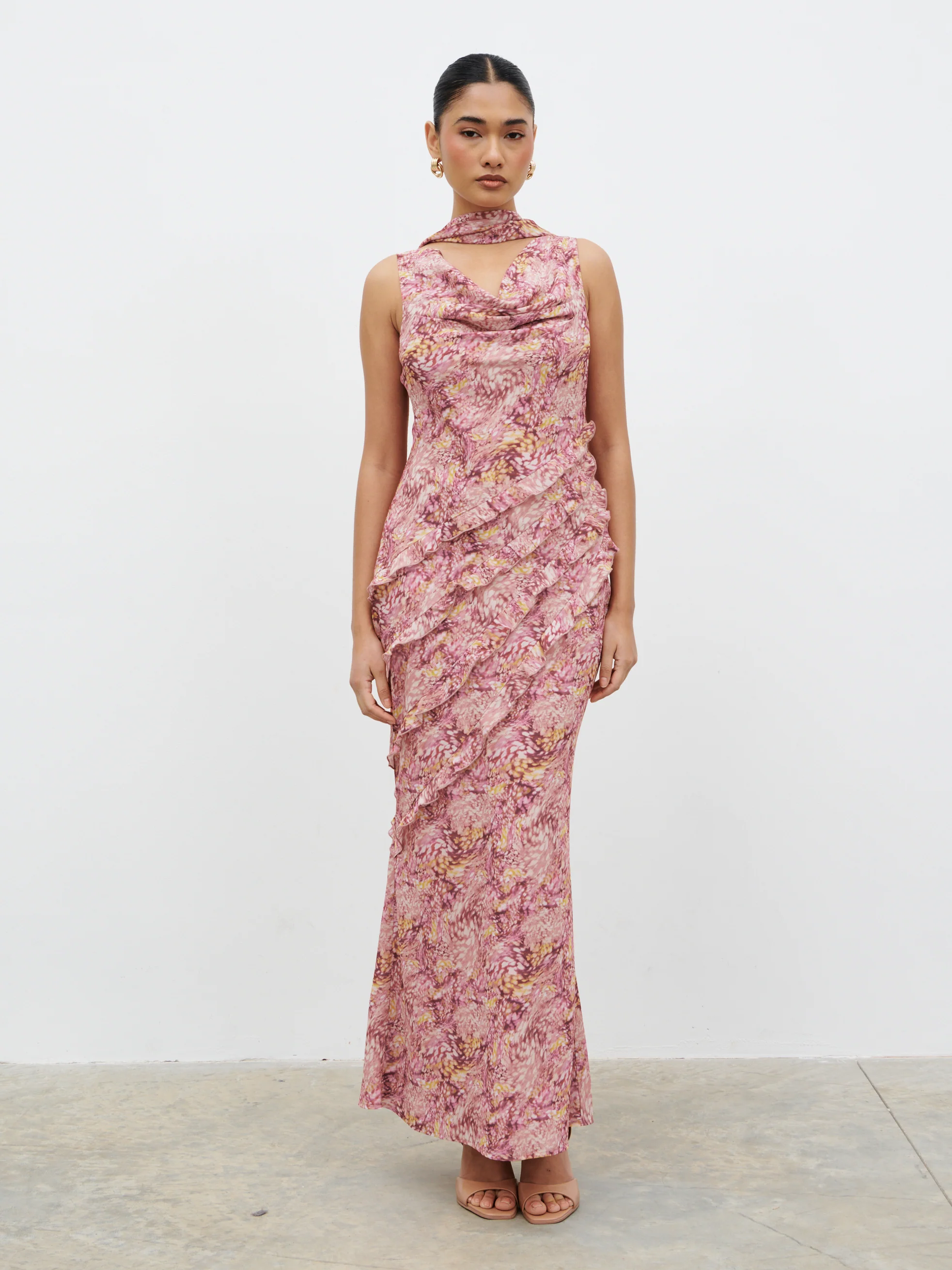 Constance Scarf Ruffle Maxi Dress - Berry Multi Abstract - Image 2