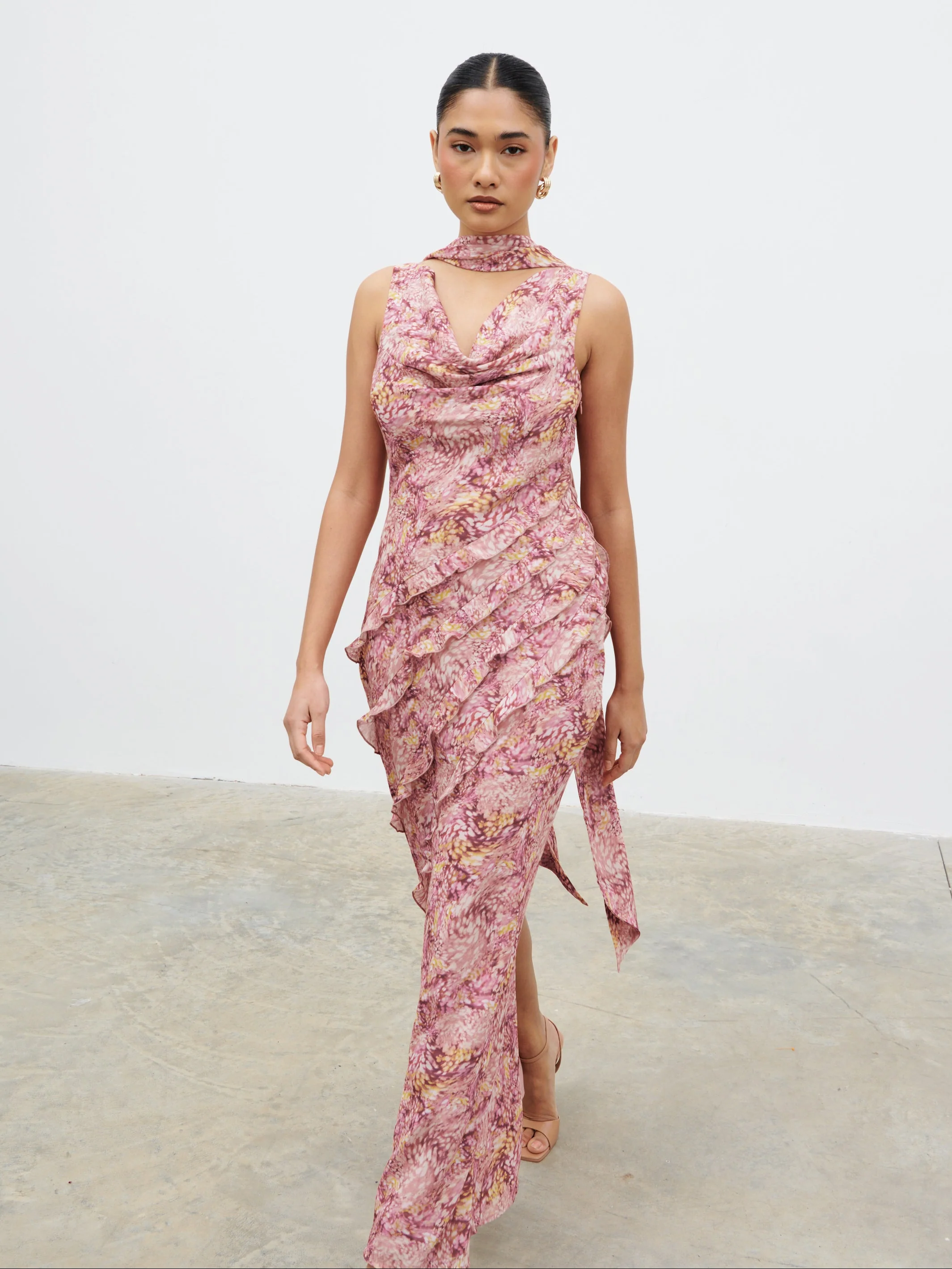 Constance Scarf Ruffle Maxi Dress - Berry Multi Abstract - Image 3