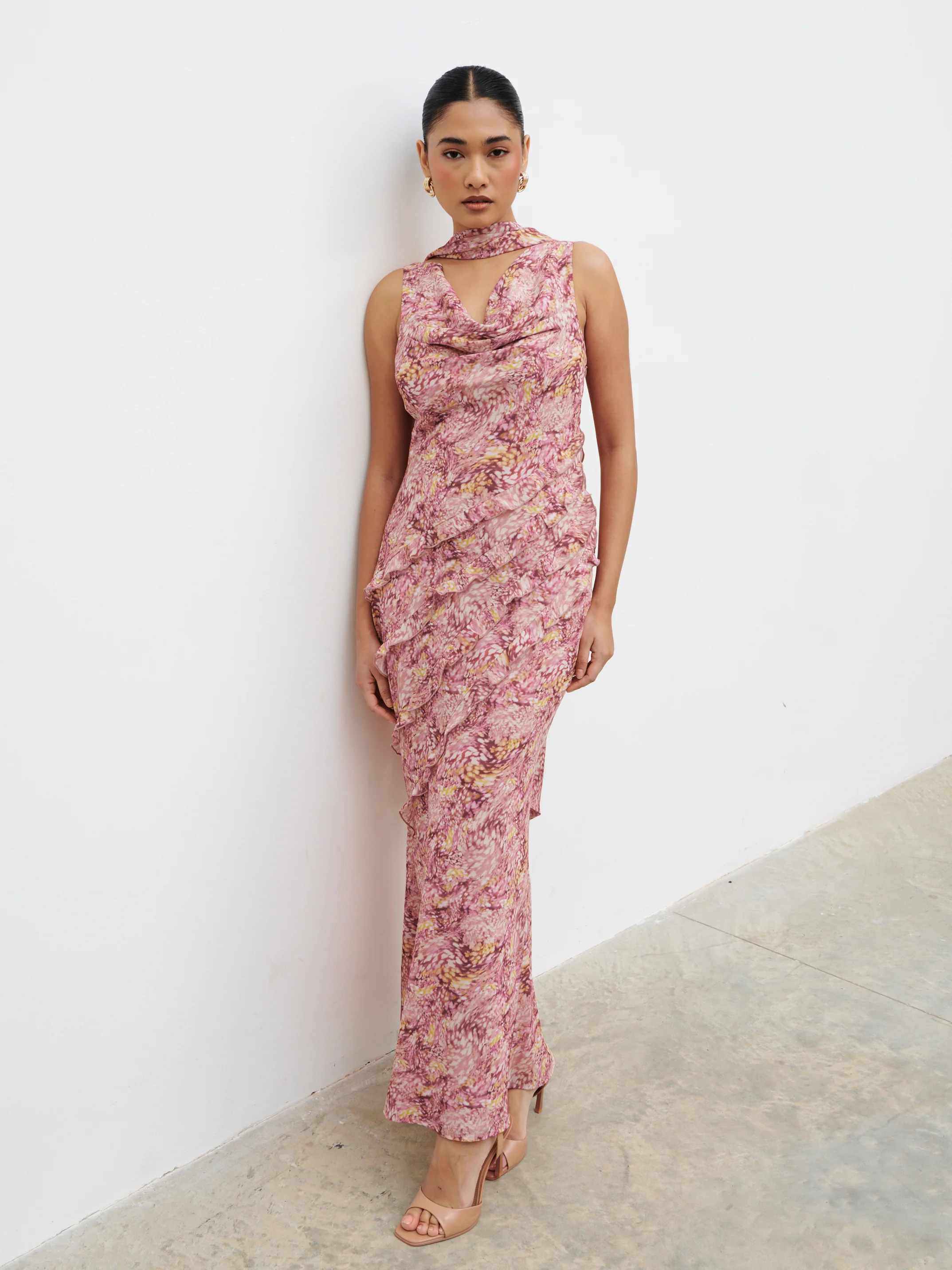 Constance Scarf Ruffle Maxi Dress - Berry Multi Abstract - Image 4