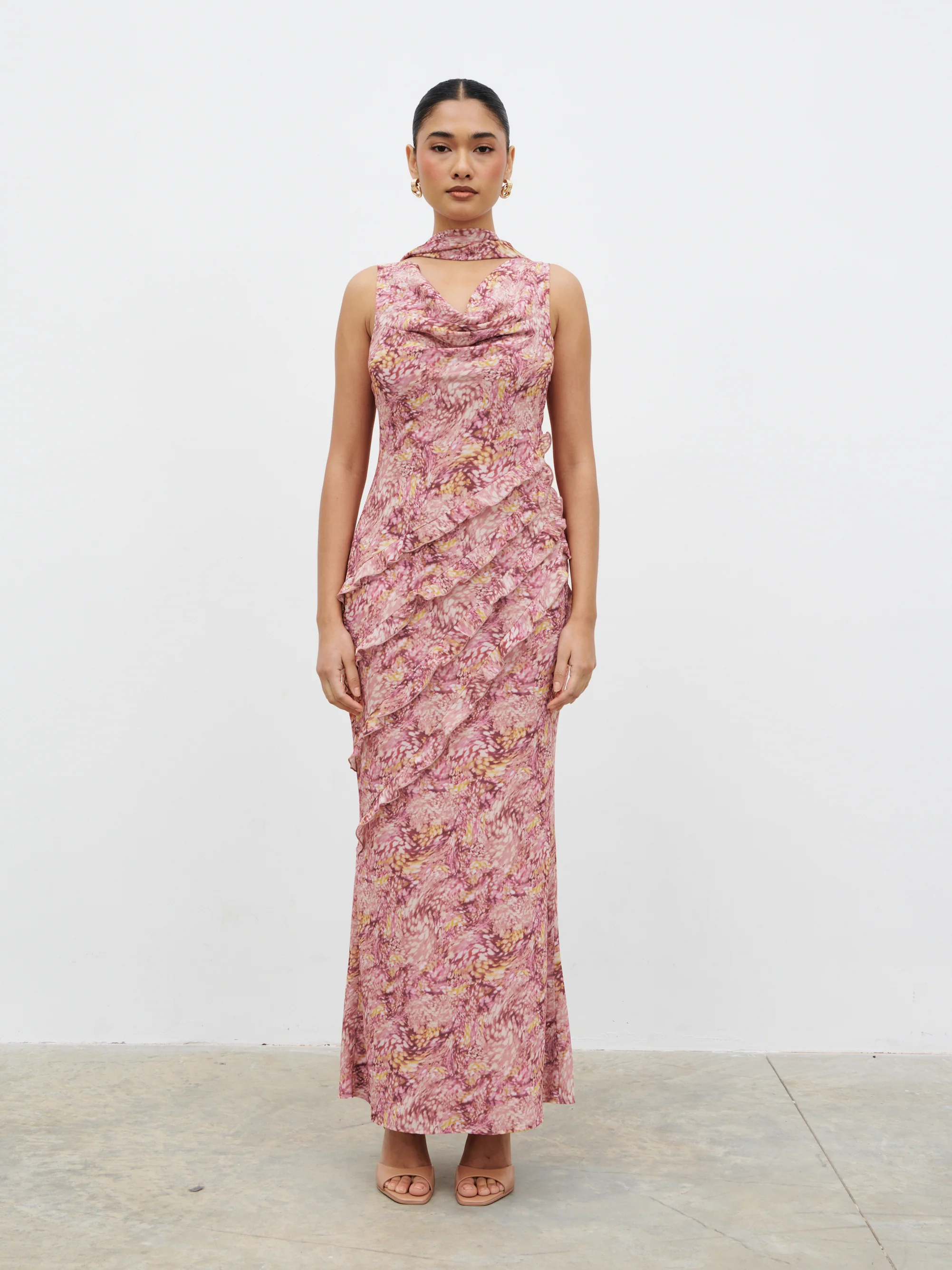 Constance Scarf Ruffle Maxi Dress - Berry Multi Abstract - Image 7