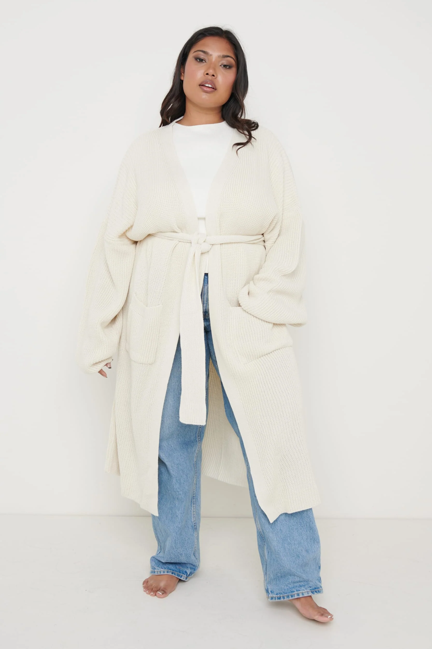 Curve Arden Midi Tie Cardigan - Cream - Image 2
