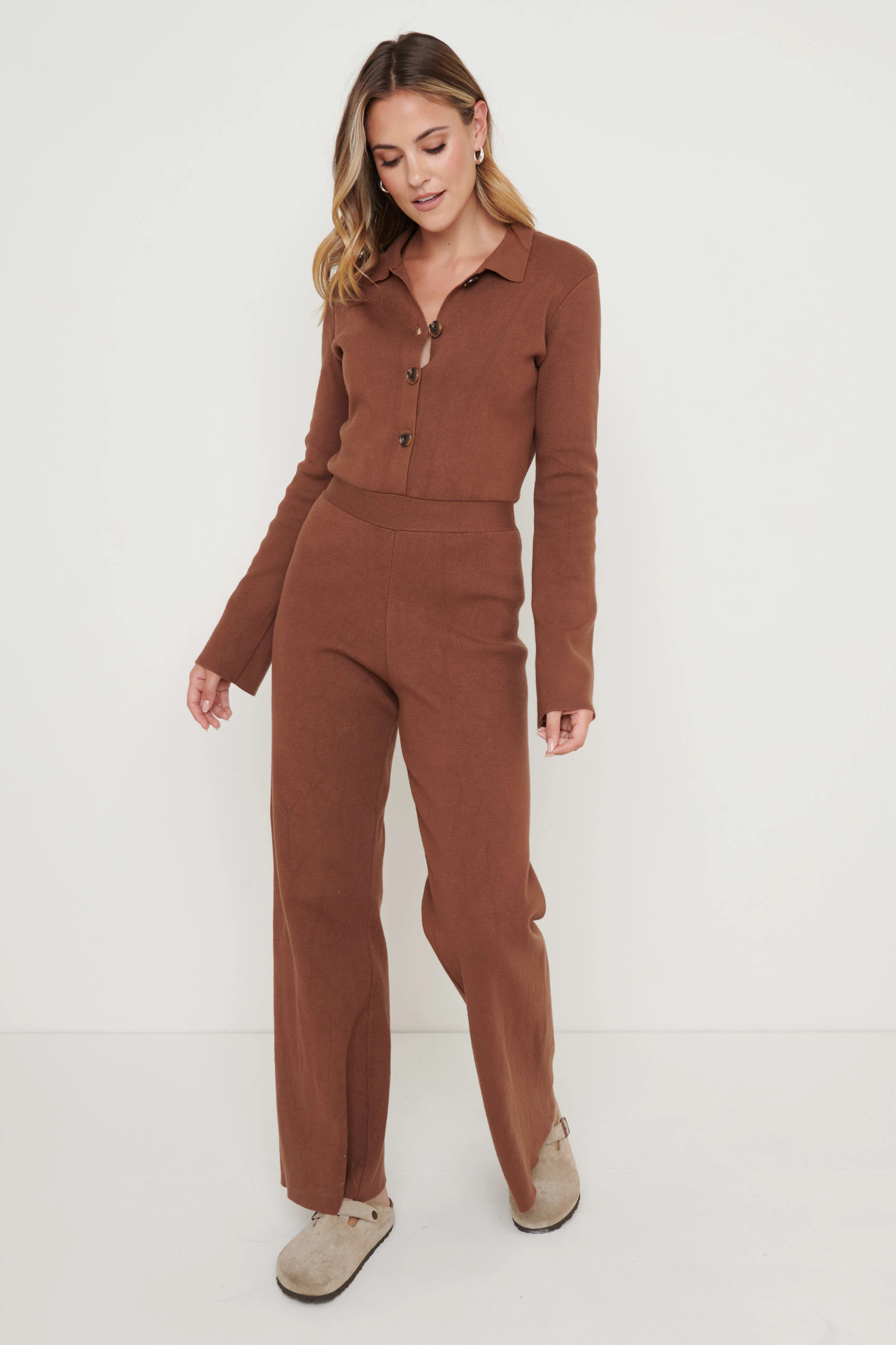 Daisy Wide Leg Knit Jumpsuit- Brown - Image 3