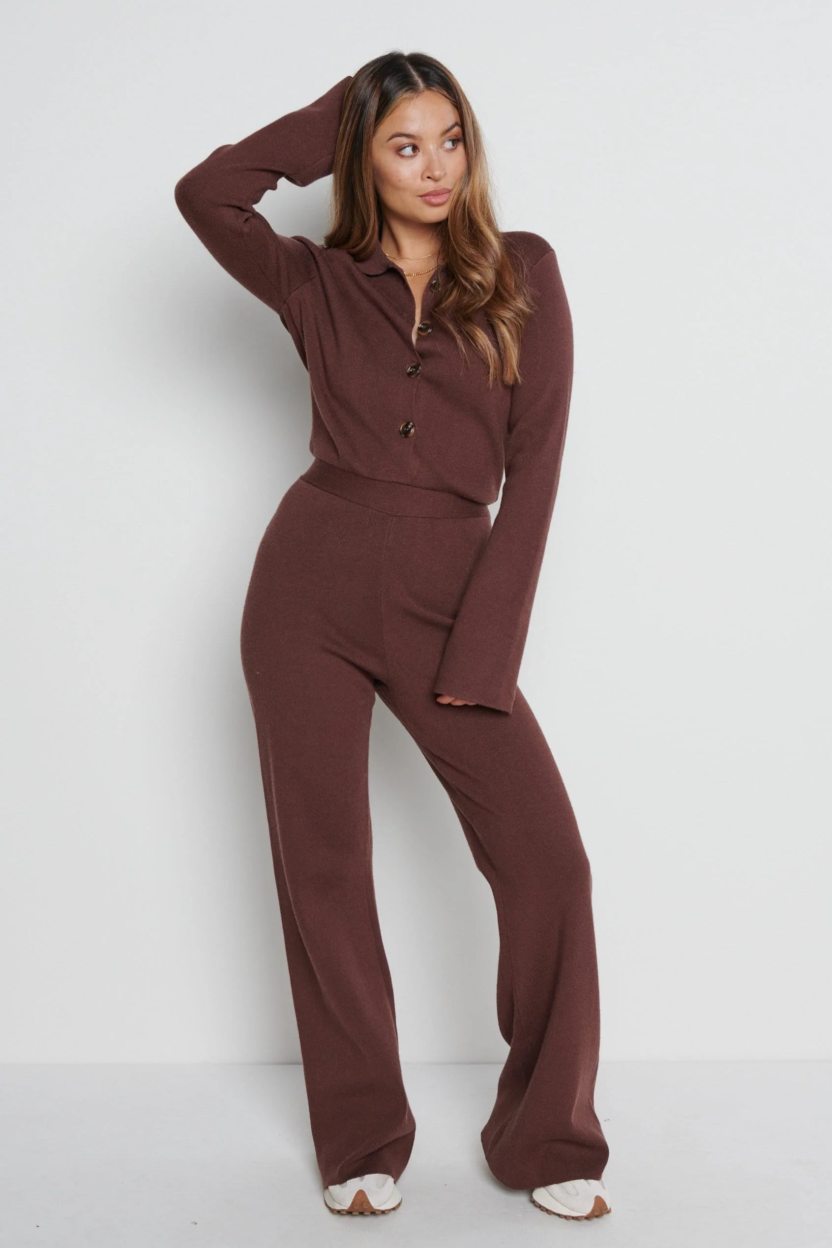 Daisy Wide Leg Knit Jumpsuit- Brown - Image 8