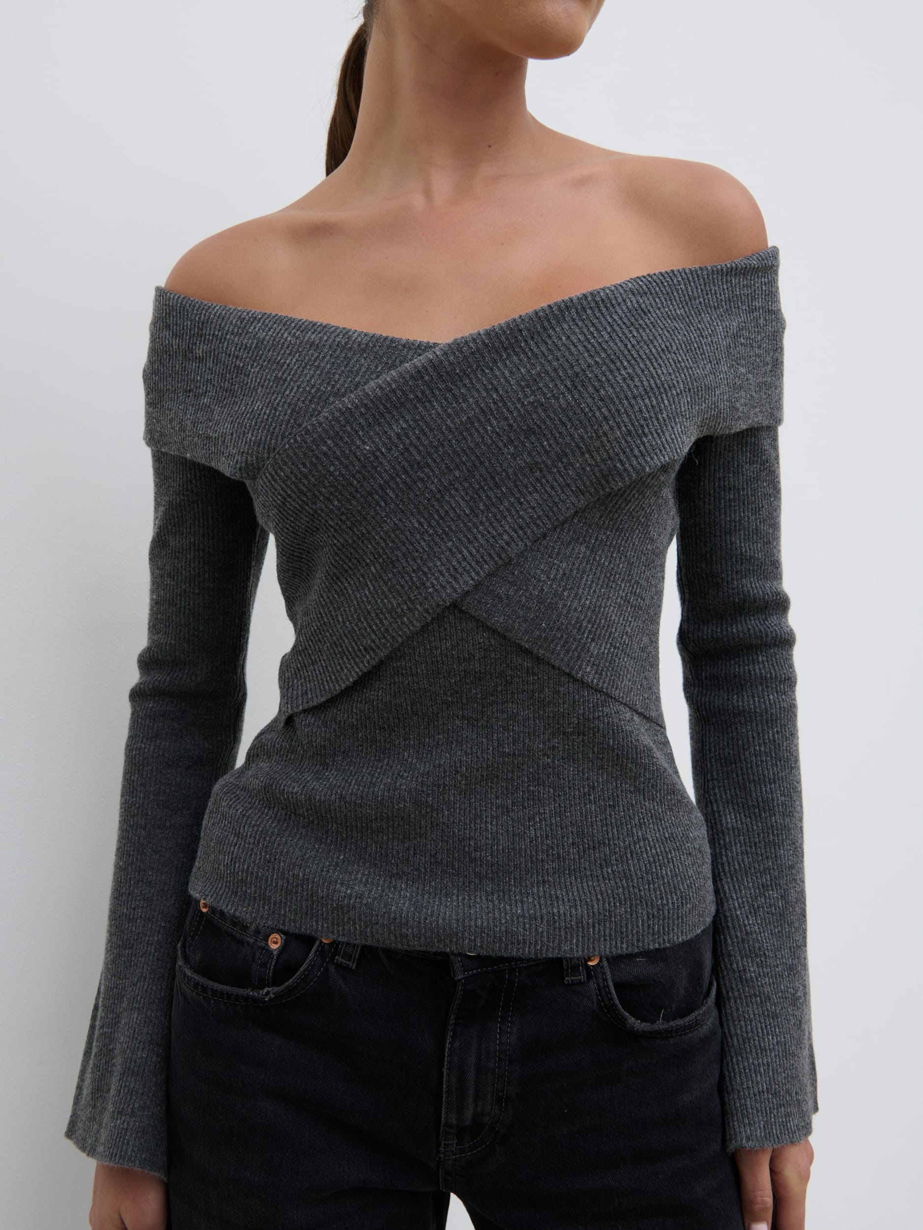 Daphne Cross Over Knit Top - Dark Grey - Image 2