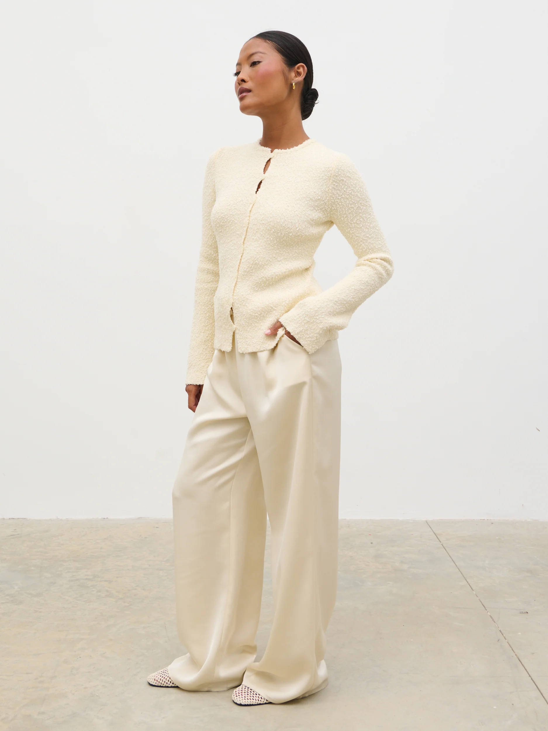 Dayo Boucle Knit Button Down Top - Cream - Image 2