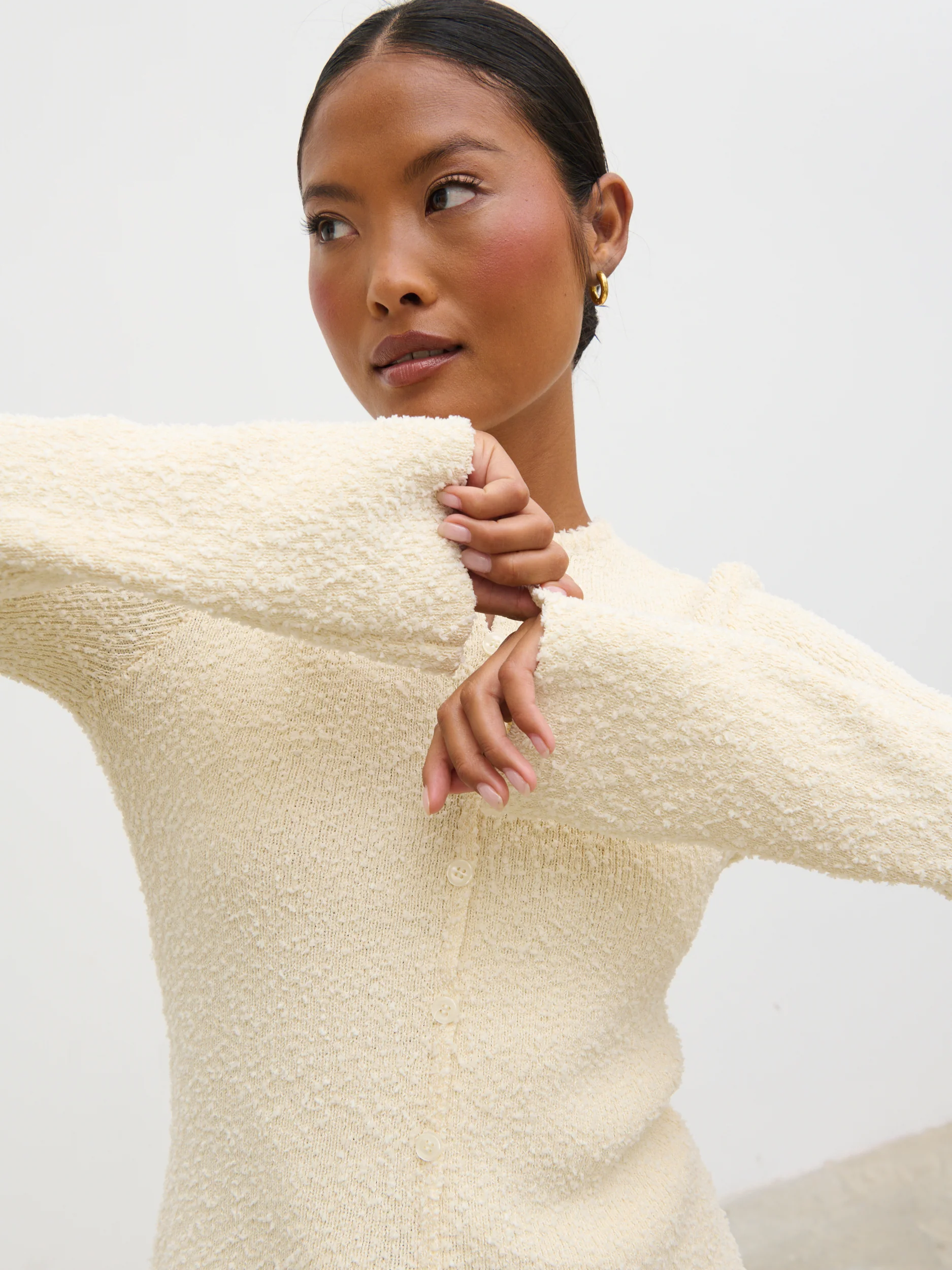 Dayo Boucle Knit Button Down Top - Cream - Image 3
