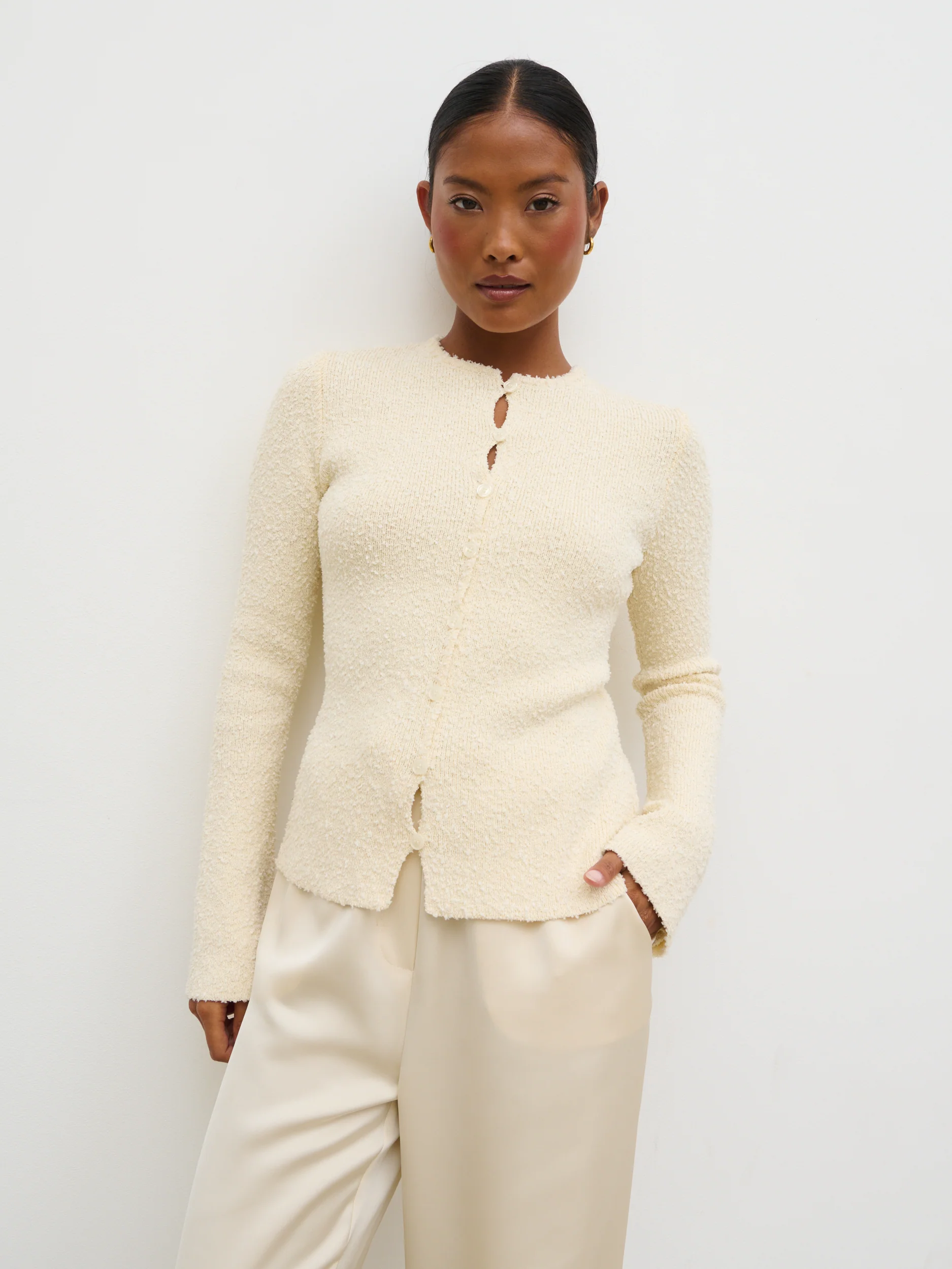 Dayo Boucle Knit Button Down Top - Cream - Image 5