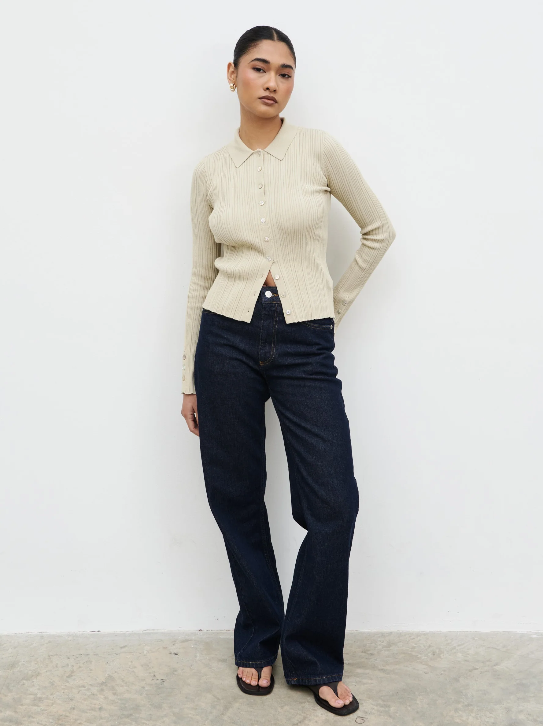 Denver Buttoned Long Sleeve Knit Top - Taupe - Image 3