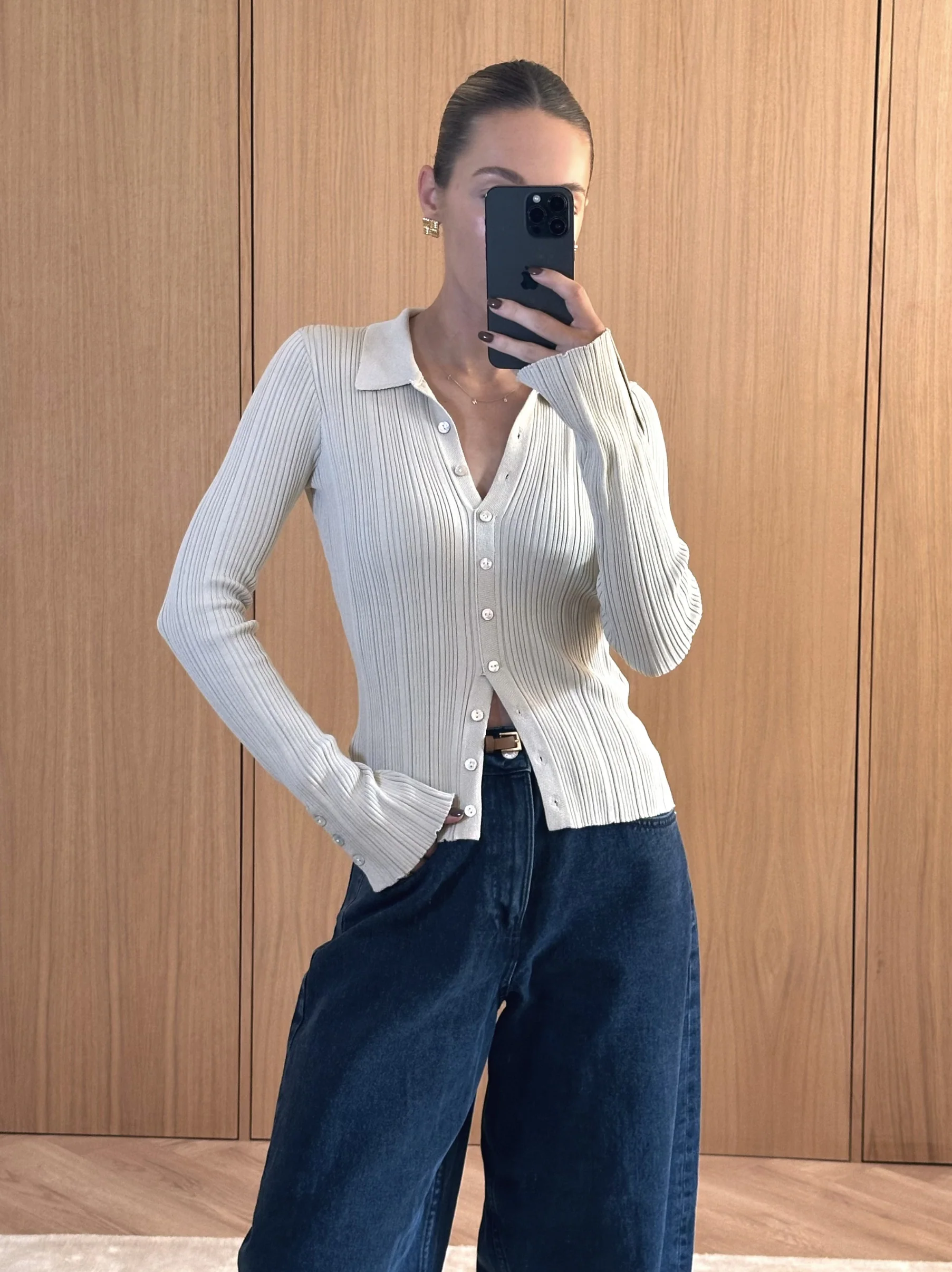 Denver Buttoned Long Sleeve Knit Top - Taupe - Image 5