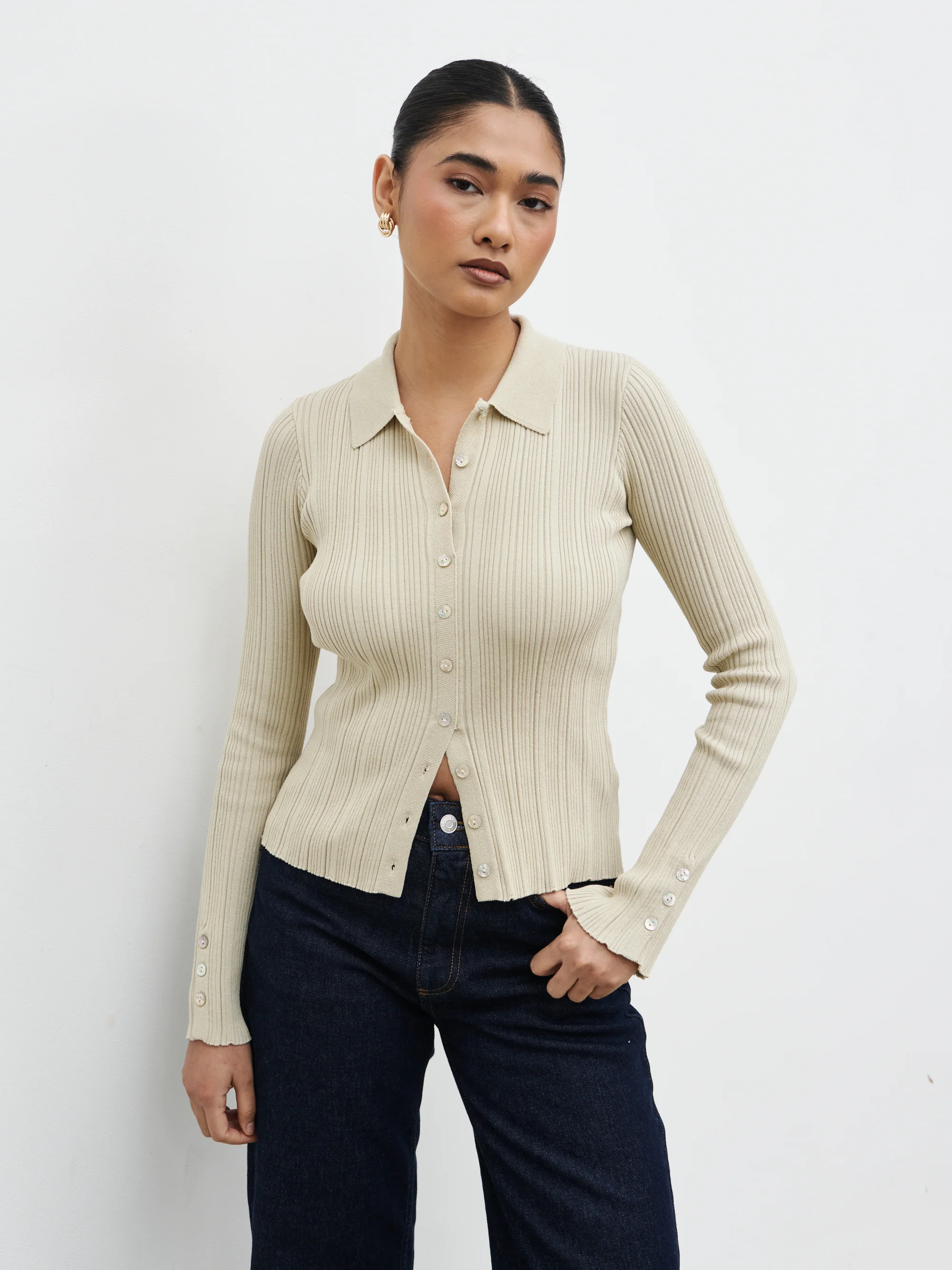 Denver Buttoned Long Sleeve Knit Top - Taupe - Image 6