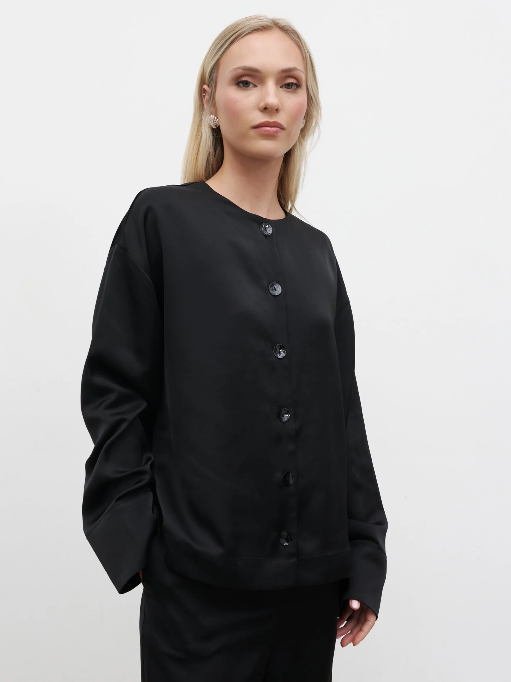Dua Satin Button Blouse - Black - Image 3