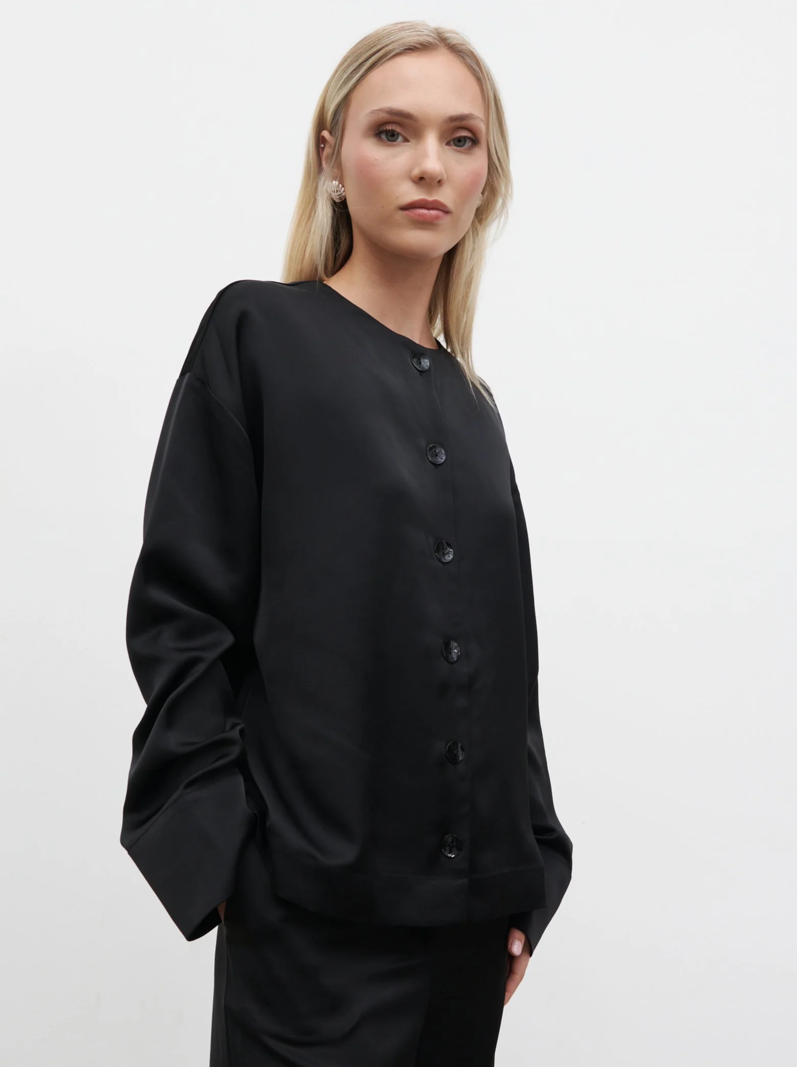 Dua Satin Button Blouse - Black - Image 6