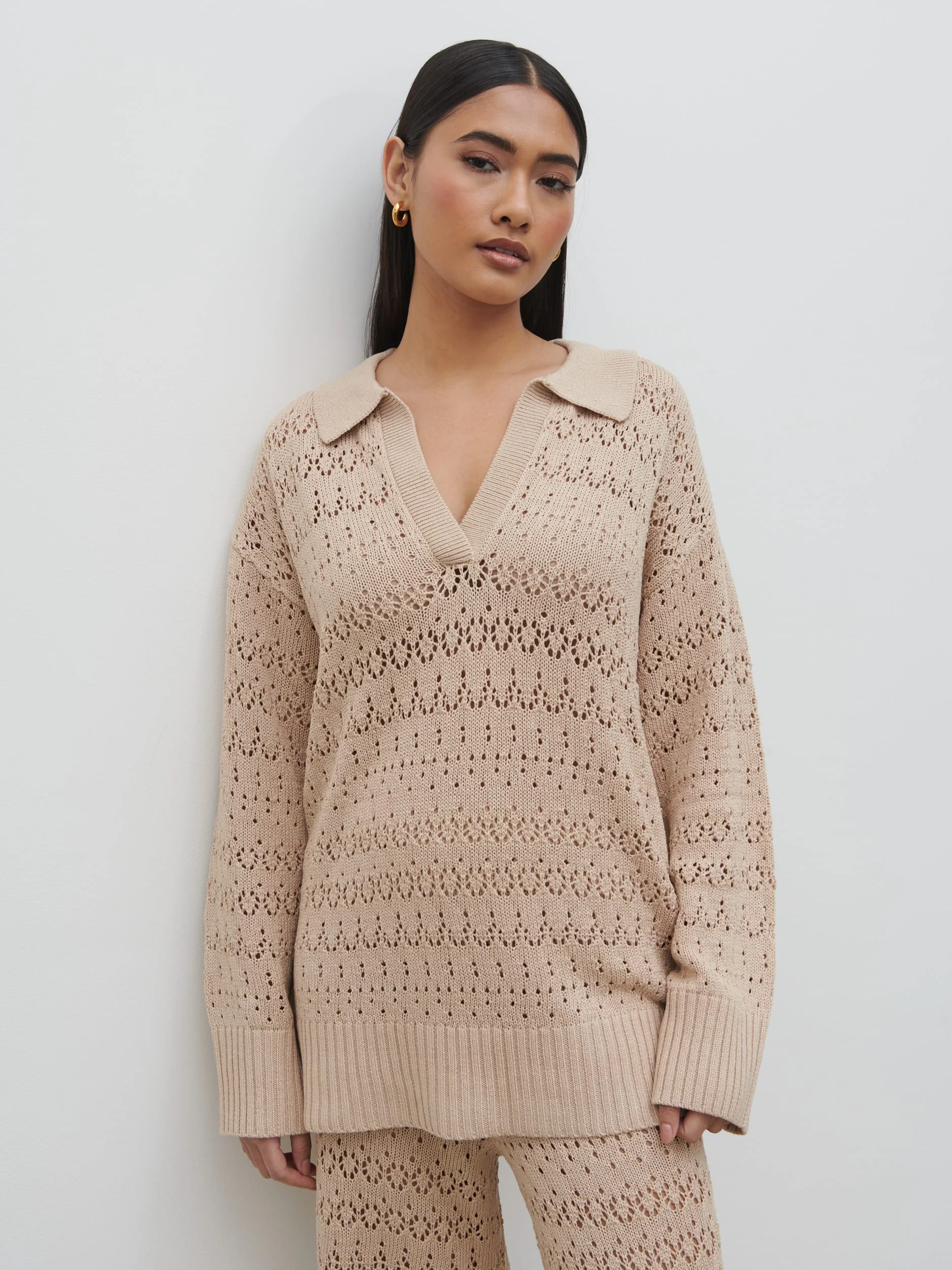 Eda Crotchet Knit V Neck Jumper - Oatmeal - Image 3