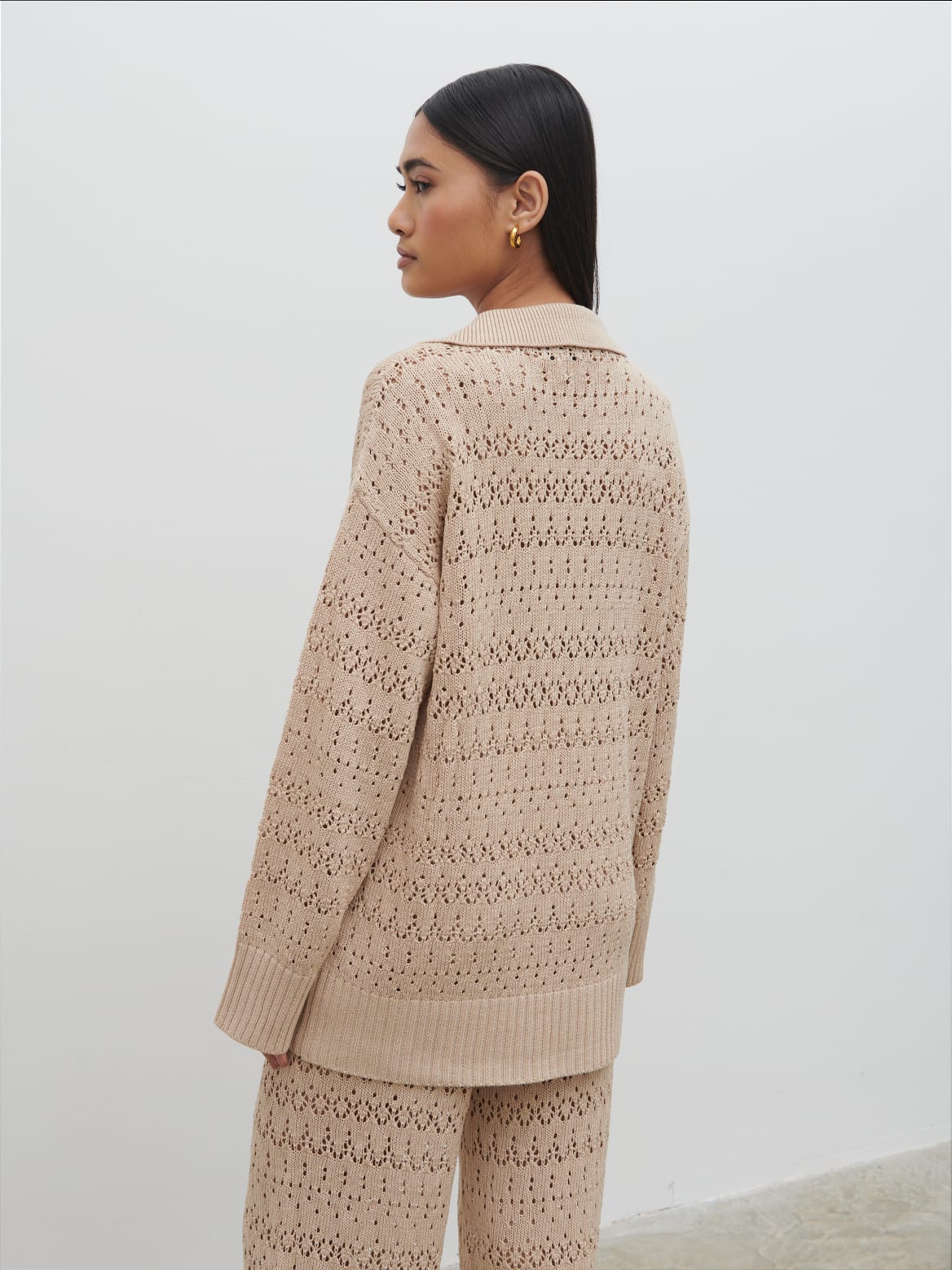 Eda Crotchet Knit V Neck Jumper - Oatmeal - Image 4