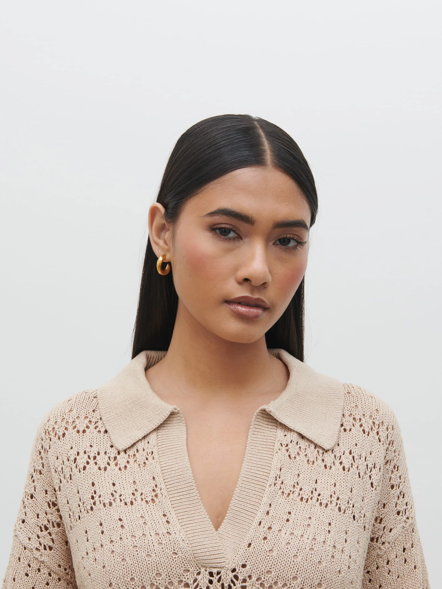 Eda Crotchet Knit V Neck Jumper - Oatmeal - Image 5