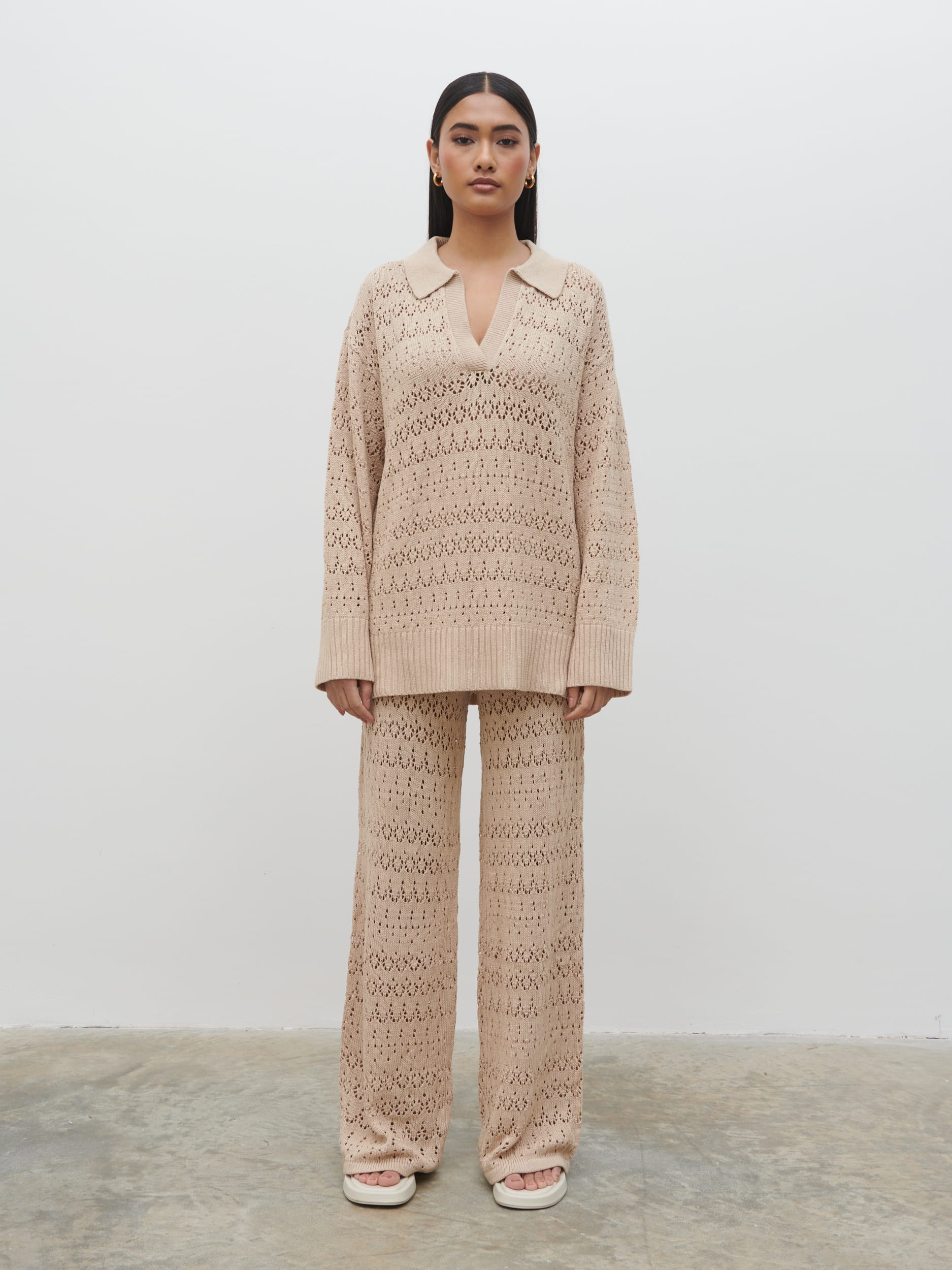 Eda Crotchet Knit V Neck Jumper - Oatmeal - Image 6