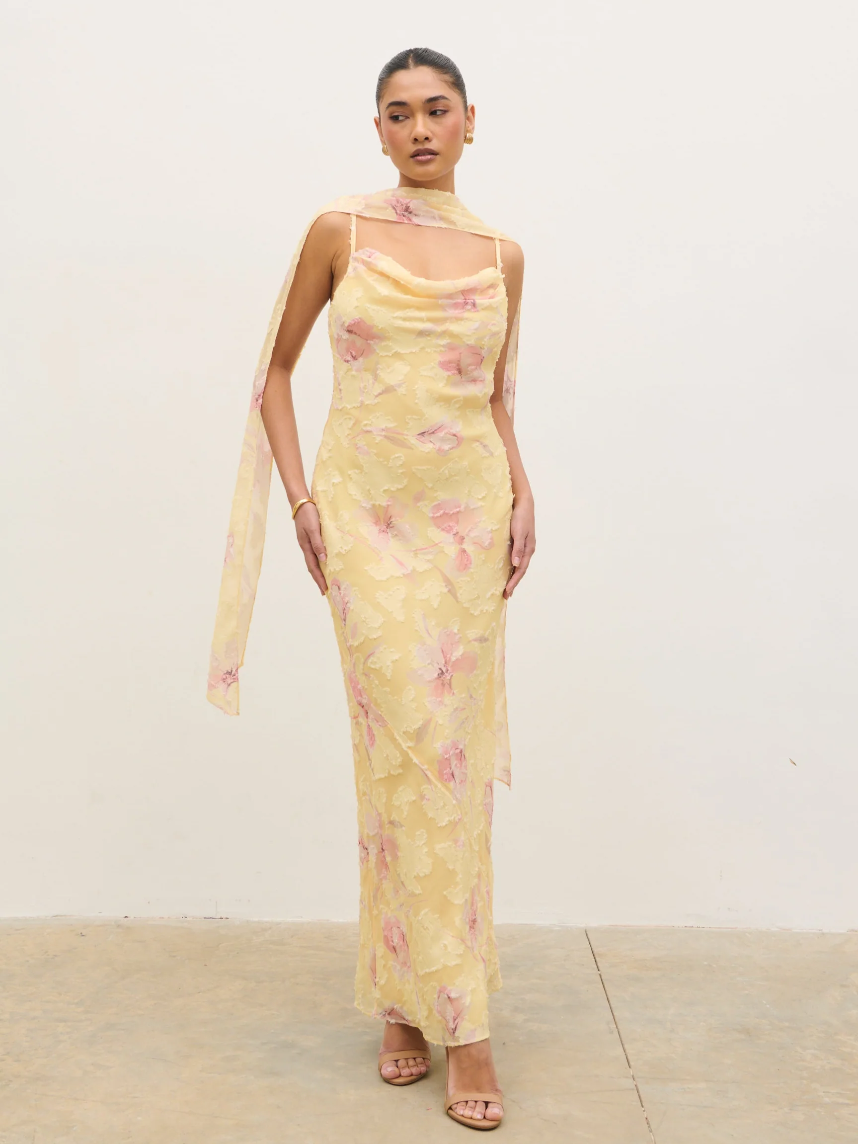 Eden Scarf Jacquard Printed Maxi Dress - Lemon Blush Floral - Image 5