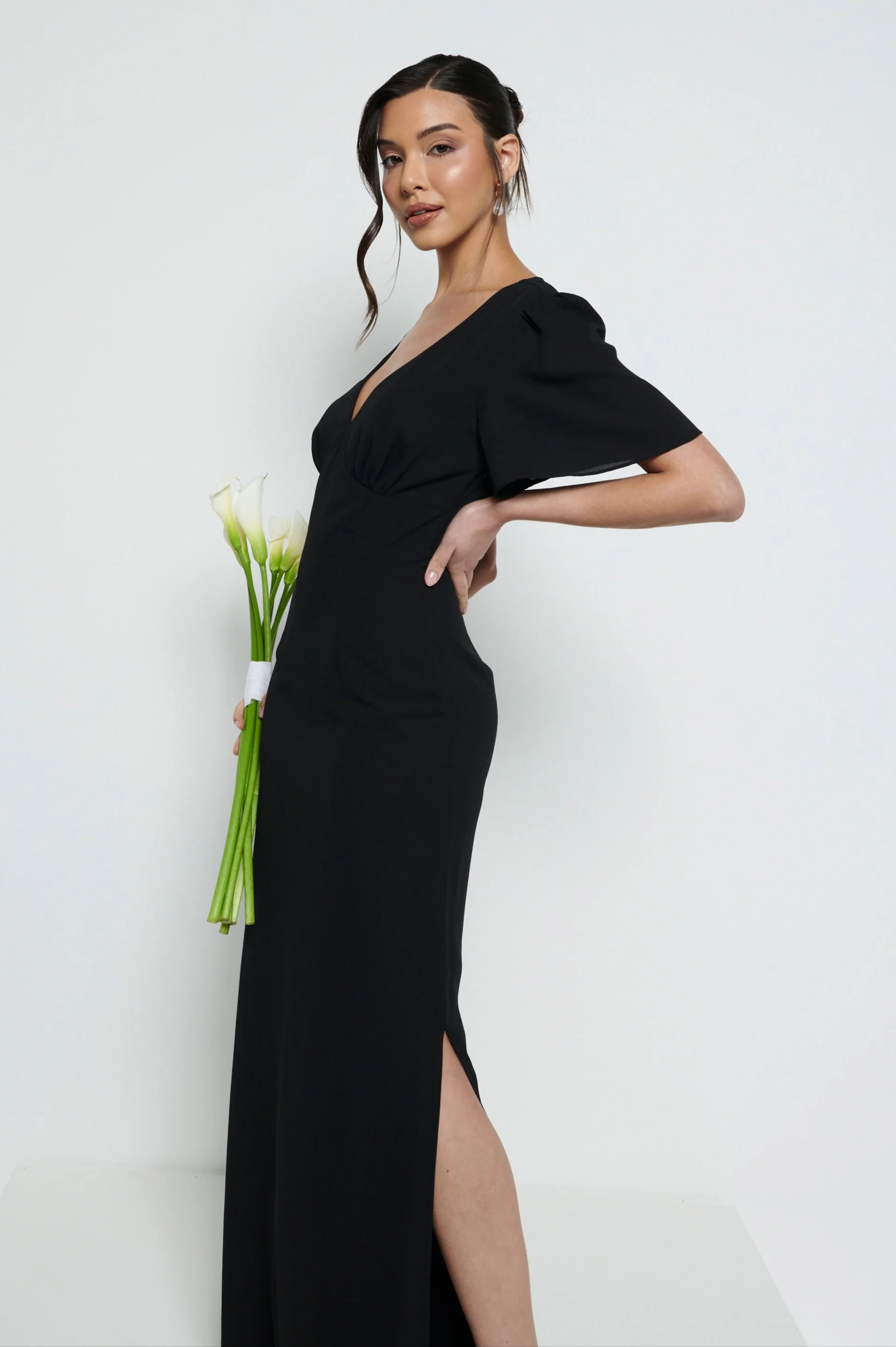 Edie Chiffon Short Sleeve Maxi Bridesmaid Dress - Black - Image 5