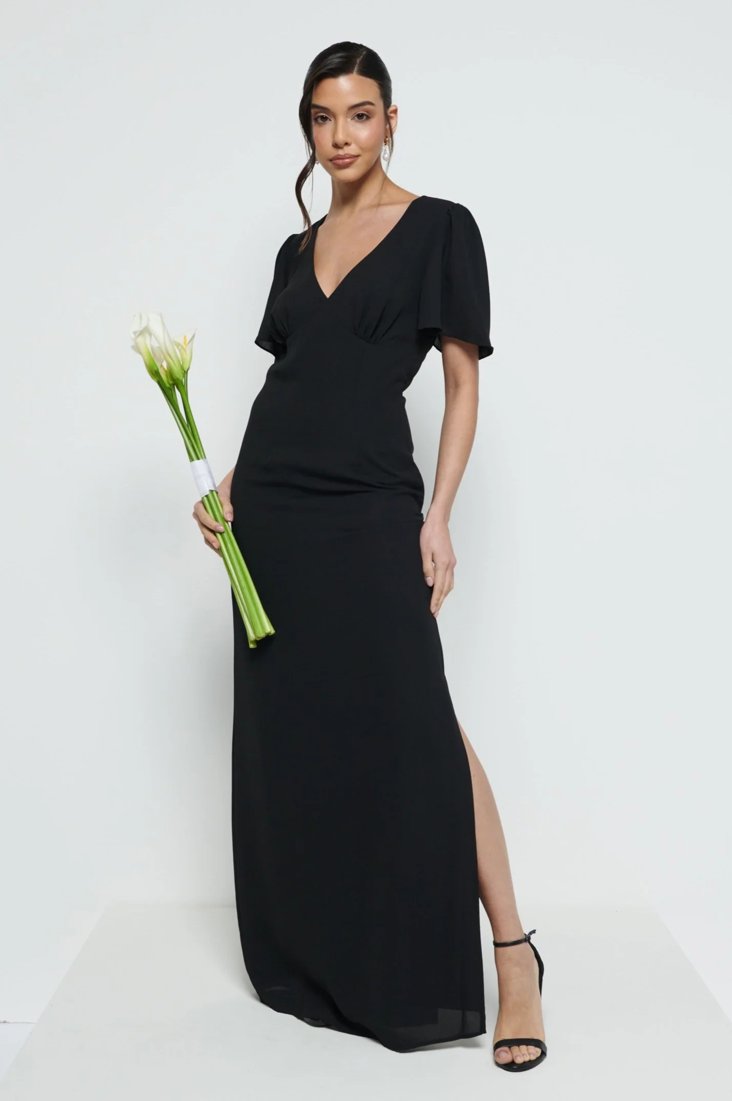 Edie Chiffon Short Sleeve Maxi Bridesmaid Dress - Black - Image 6