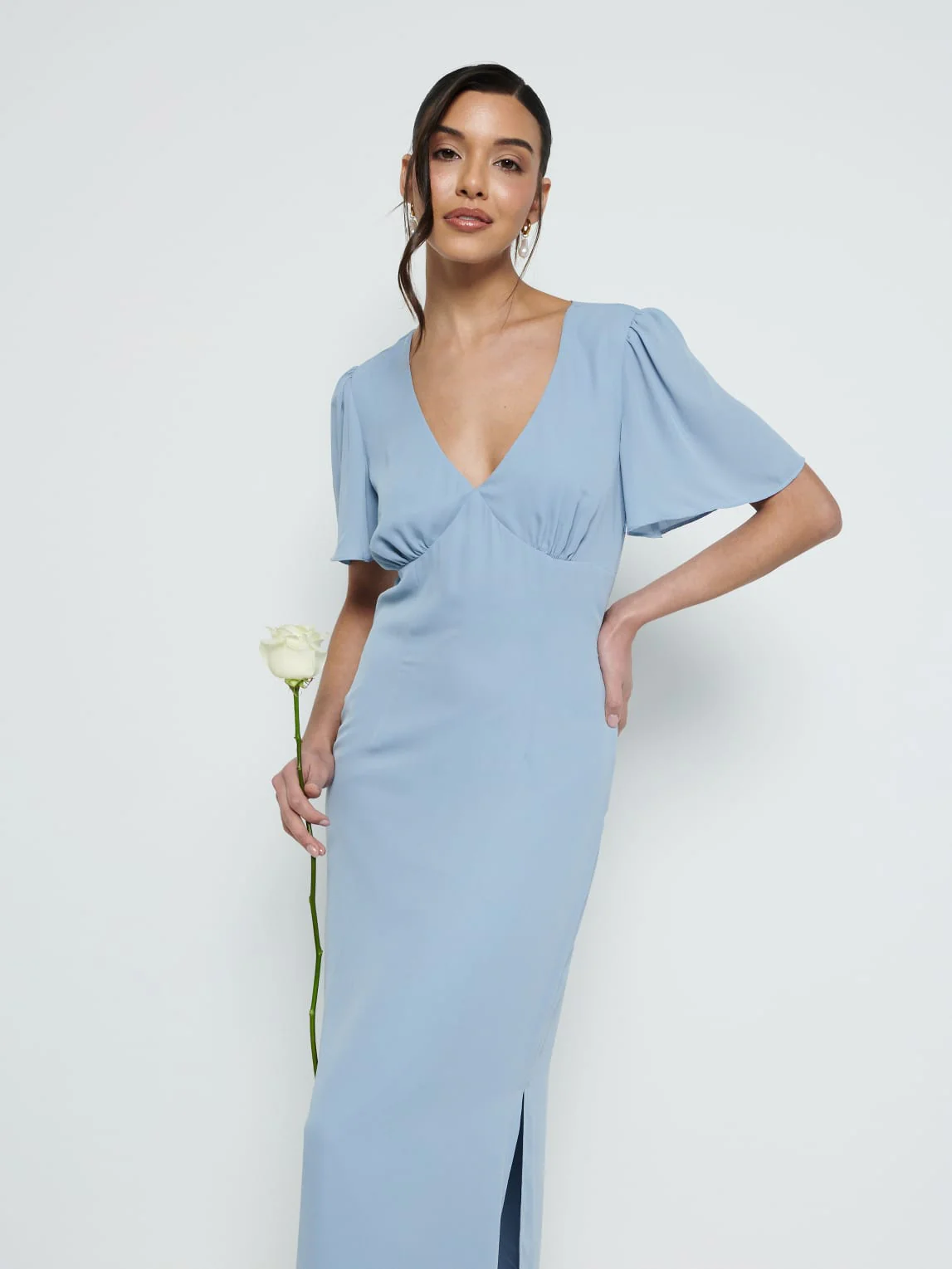 Edie Chiffon Short Sleeve Maxi Bridesmaid Dress - Dusty Blue - Image 2