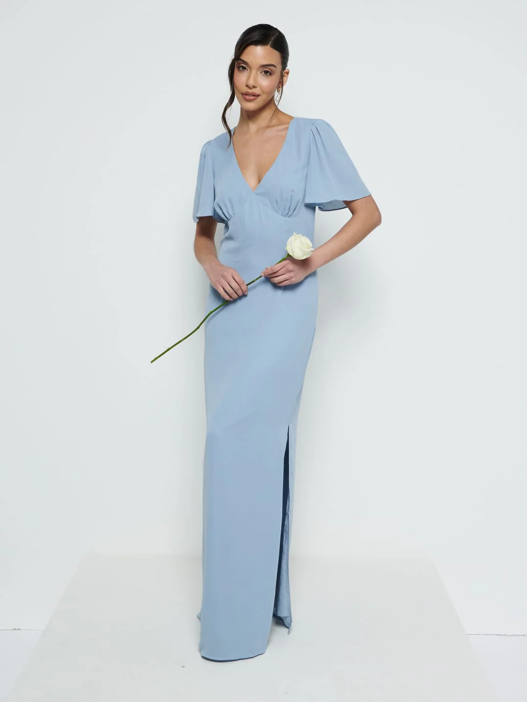 Edie Chiffon Short Sleeve Maxi Bridesmaid Dress - Dusty Blue - Image 4