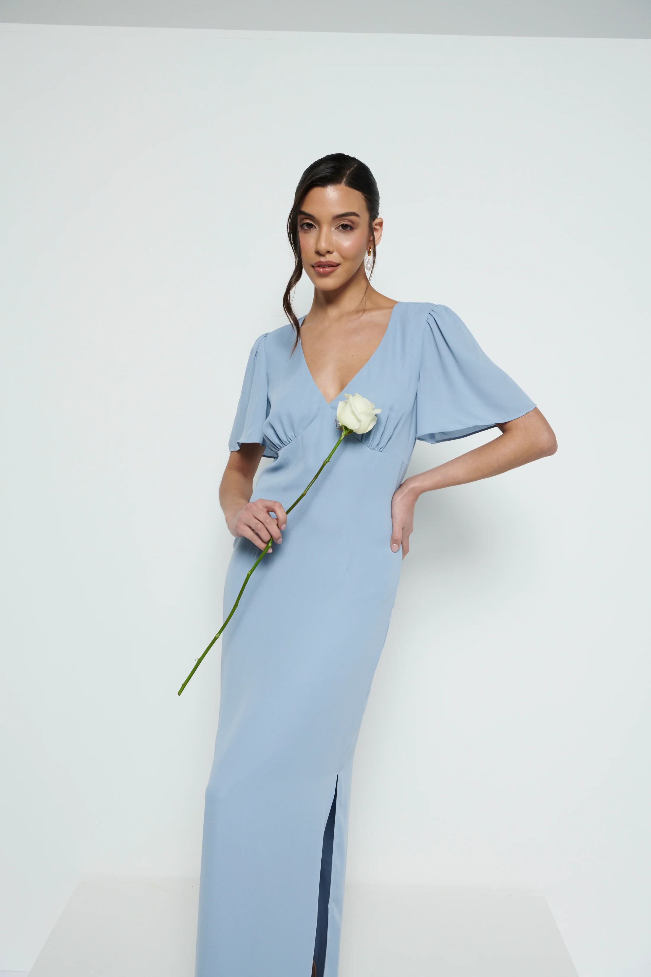 Edie Chiffon Short Sleeve Maxi Bridesmaid Dress - Dusty Blue - Image 5