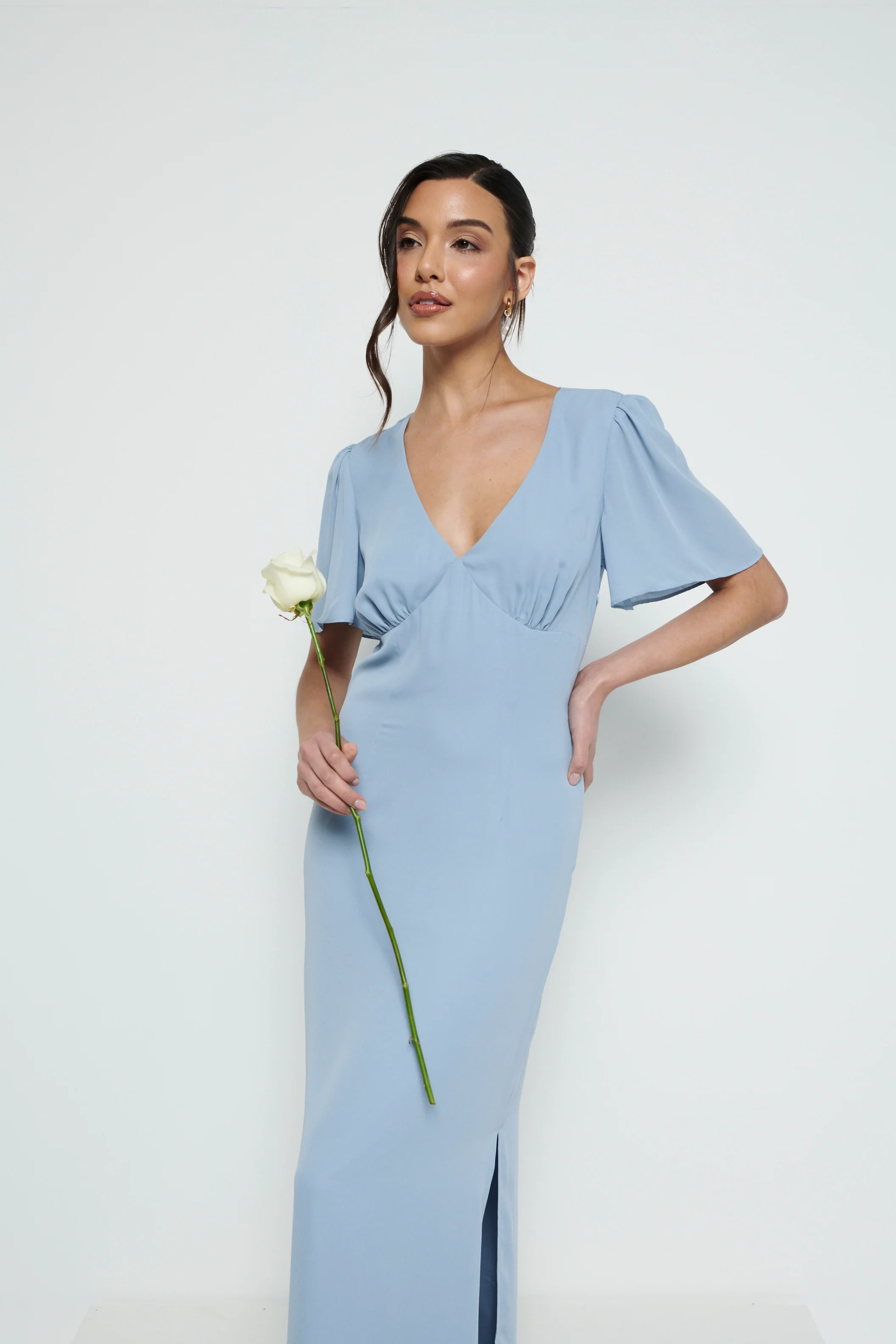 Edie Chiffon Short Sleeve Maxi Bridesmaid Dress - Dusty Blue - Image 6