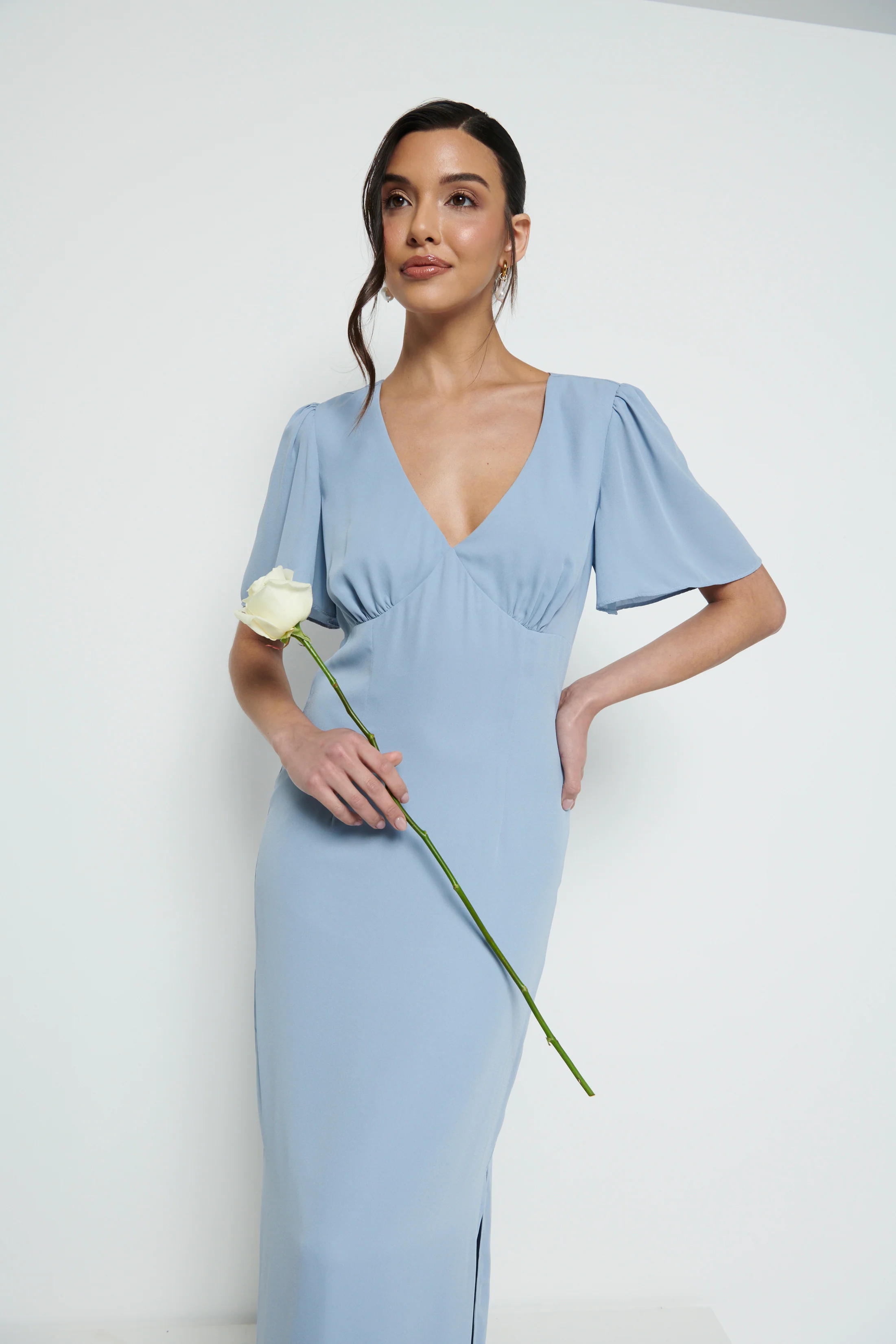 Edie Chiffon Short Sleeve Maxi Bridesmaid Dress - Dusty Blue - Image 7