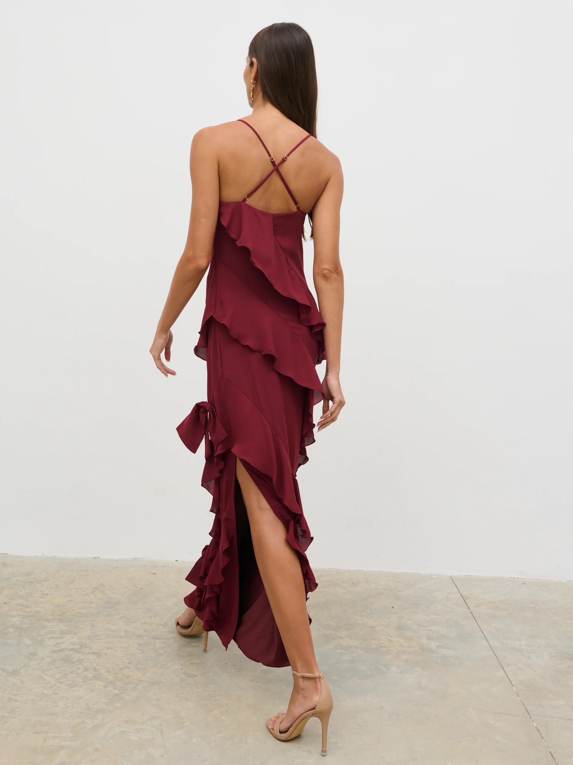 Elle Ruffle Bow Maxi Dress - Wine - Image 3