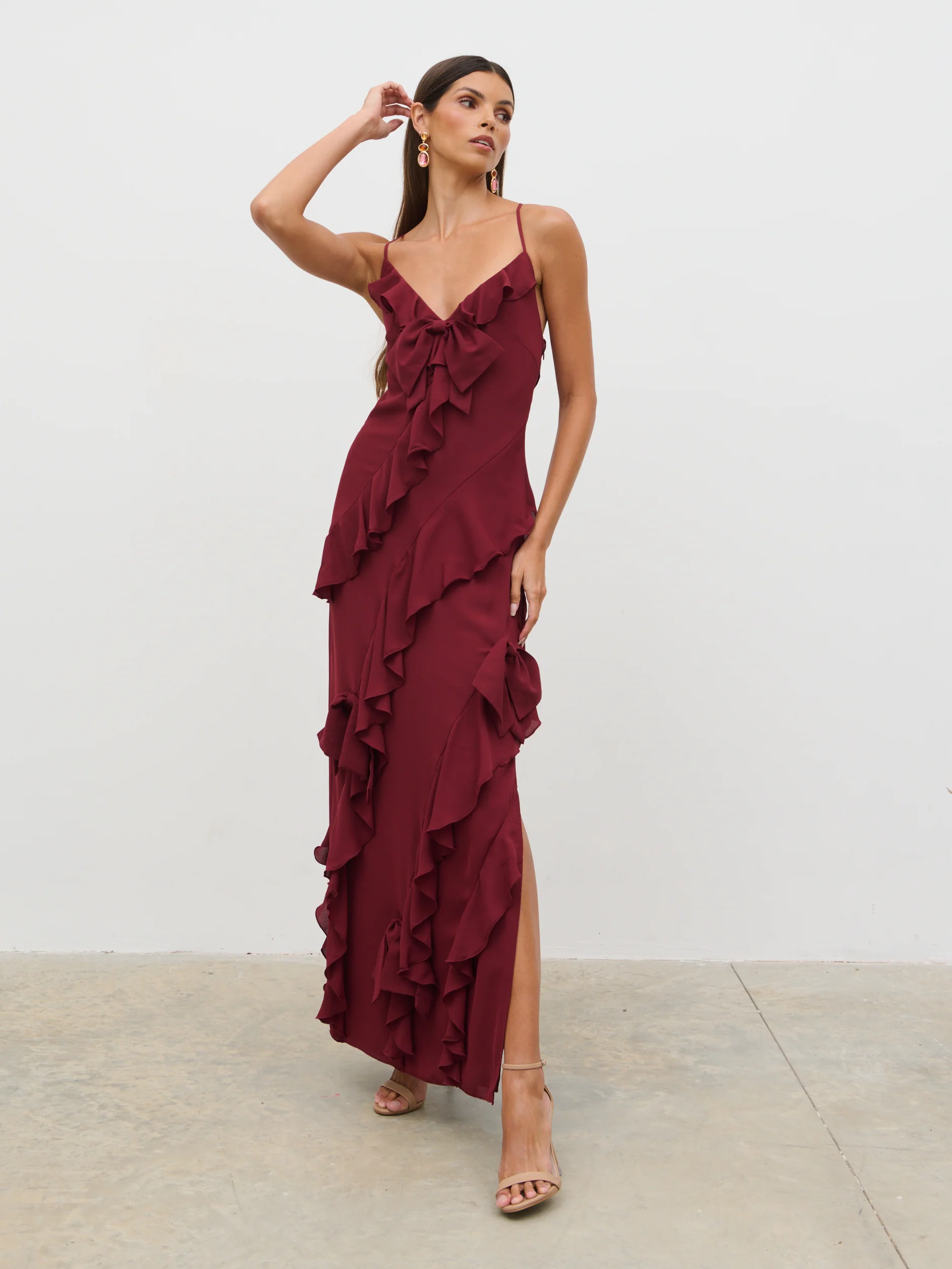 Elle Ruffle Bow Maxi Dress - Wine - Image 4
